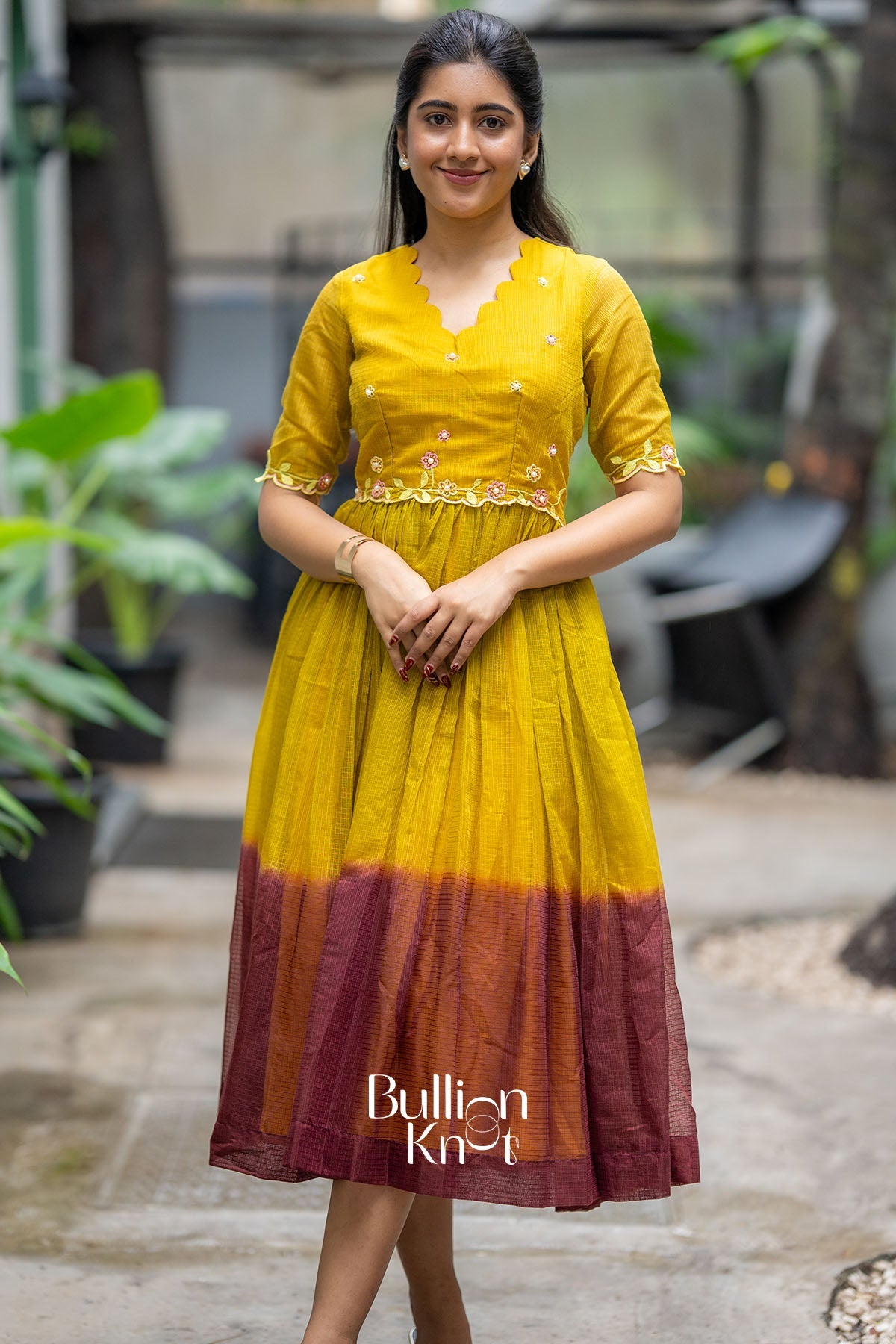 Rangrezza Kota Doria Mustered Yellow Handwork Midi Dress