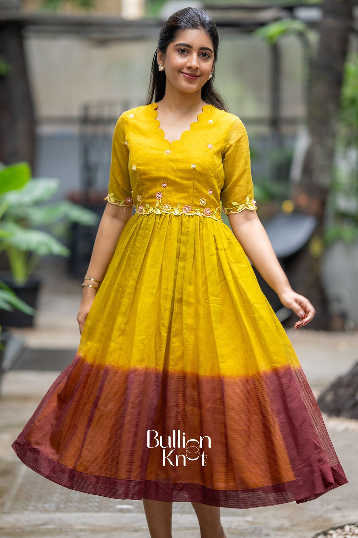 Rangrezza Kota Doria Mustered Yellow Handwork Midi Dress