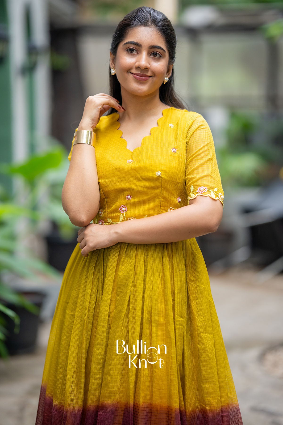 Rangrezza Kota Doria Mustered Yellow Handwork Midi Dress