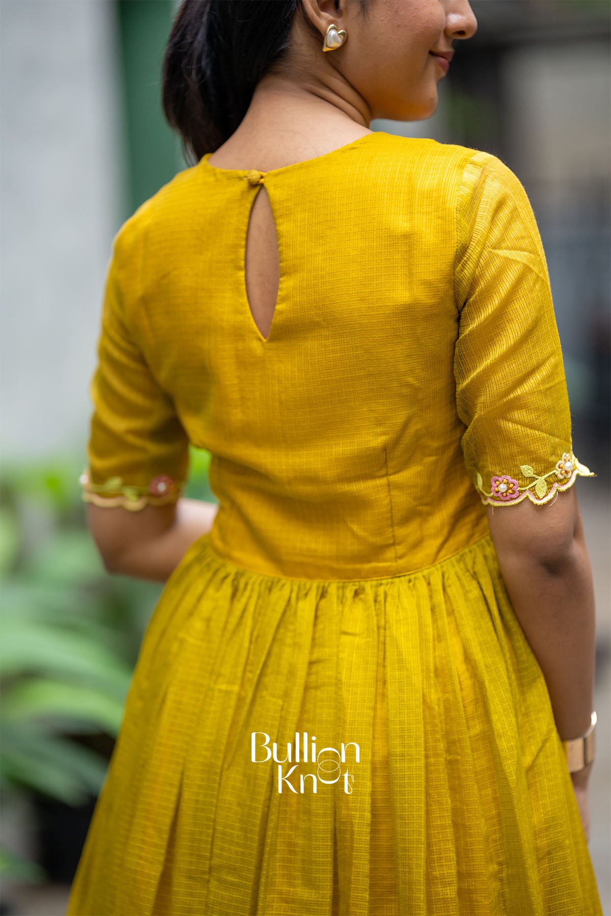 Rangrezza Kota Doria Mustered Yellow Handwork Midi Dress