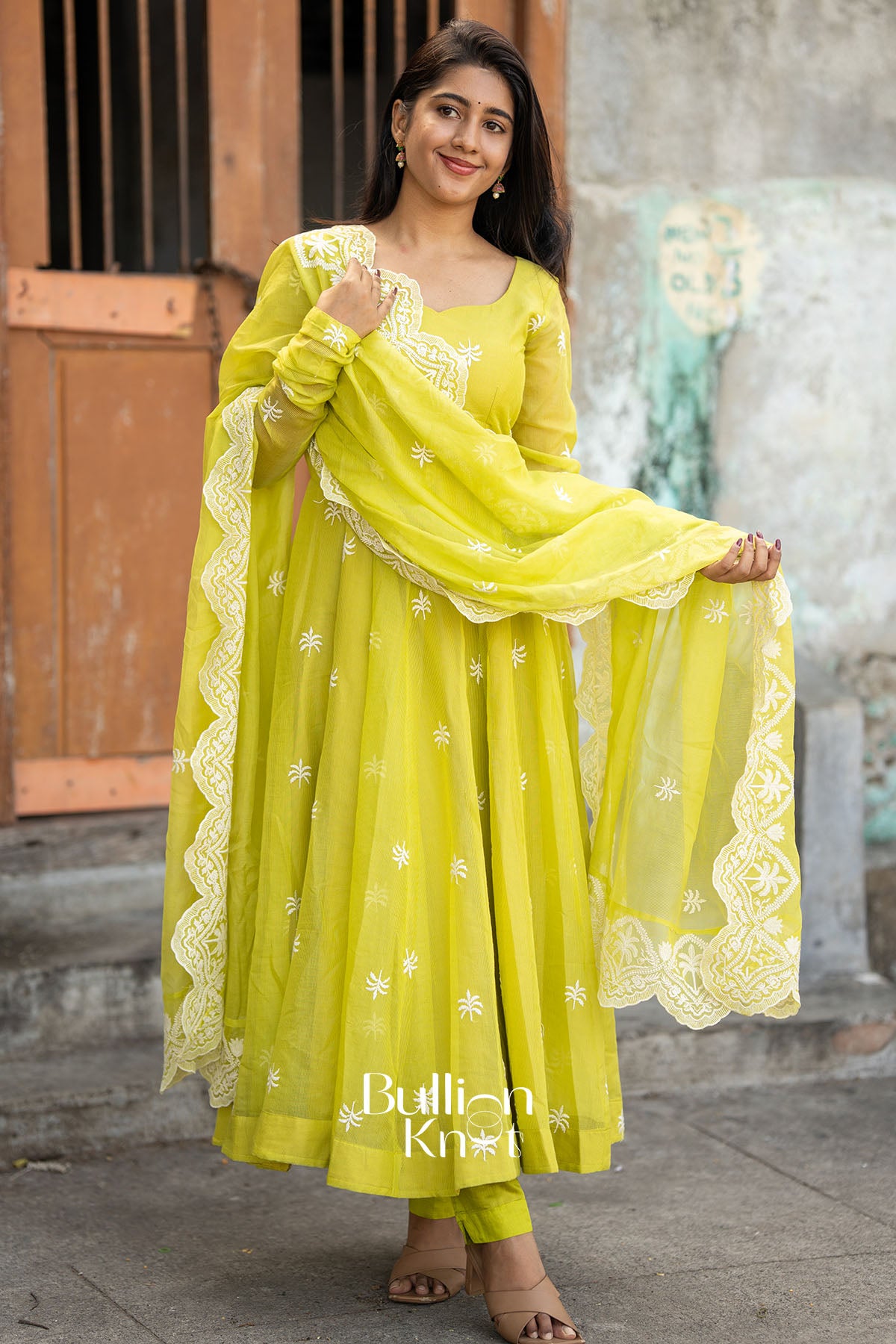 Lime Sunaina Yellow Embroidery Kota Anarkali Suit Set for Women