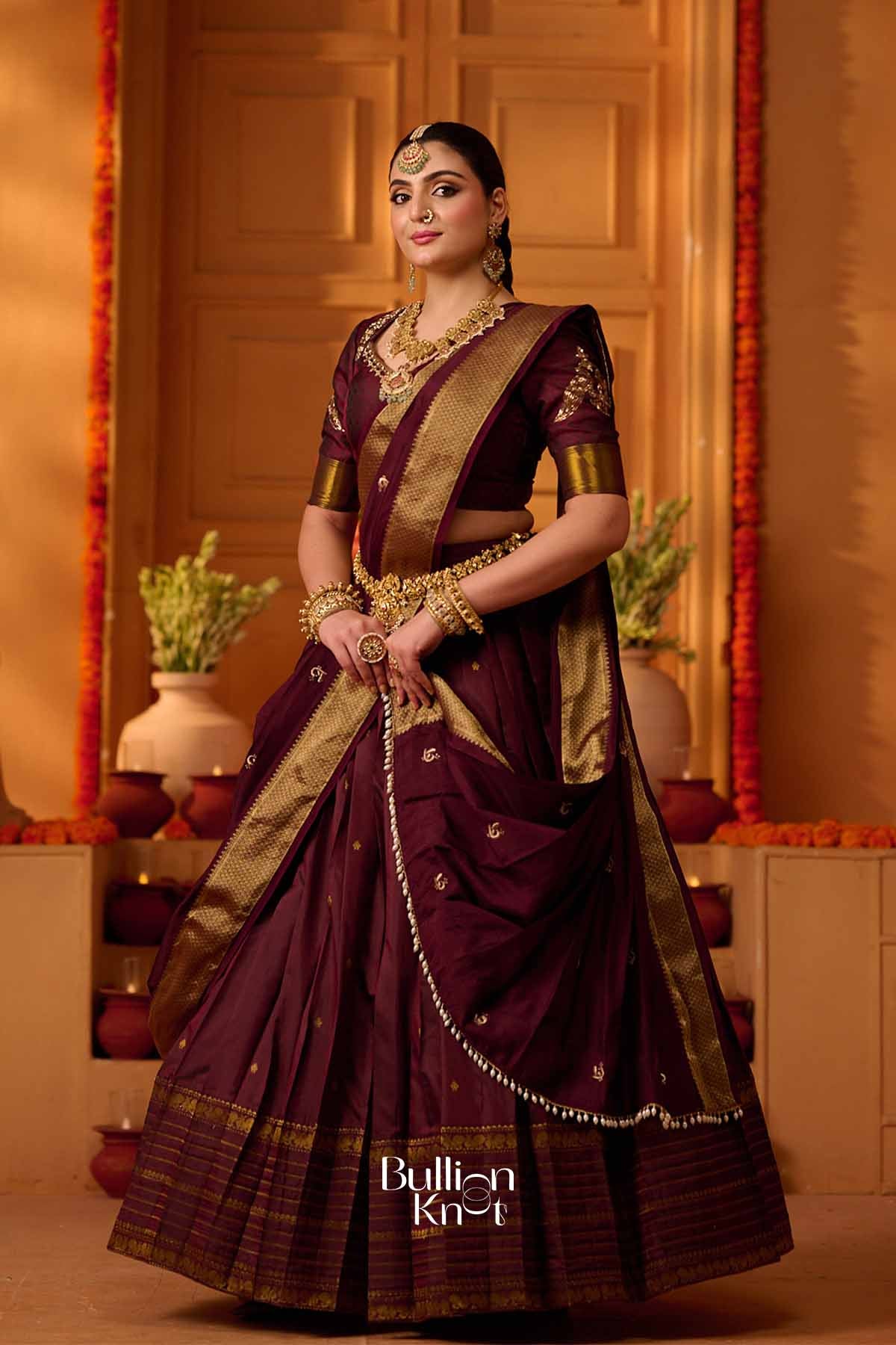 Mahira | Soft Silk Zari Weave Deep Maroon Wine Lehenga Set for Royal Receptions