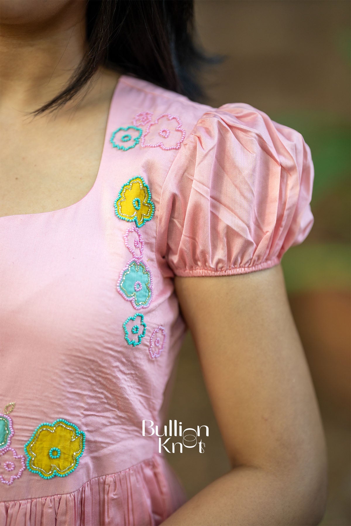 Close-up of Martina Peach Chanderi dress fabric and detailing