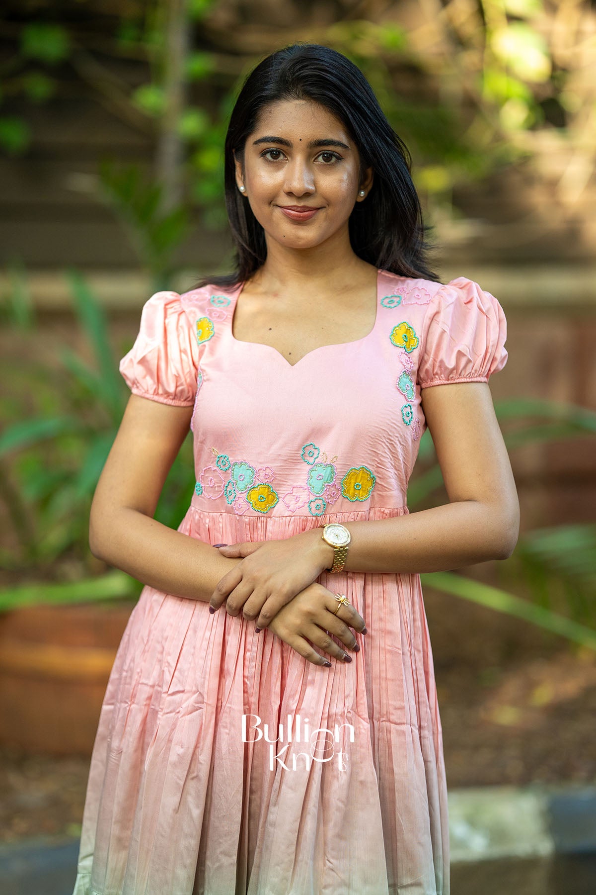 Peach Chanderi midi dress with elegant flare