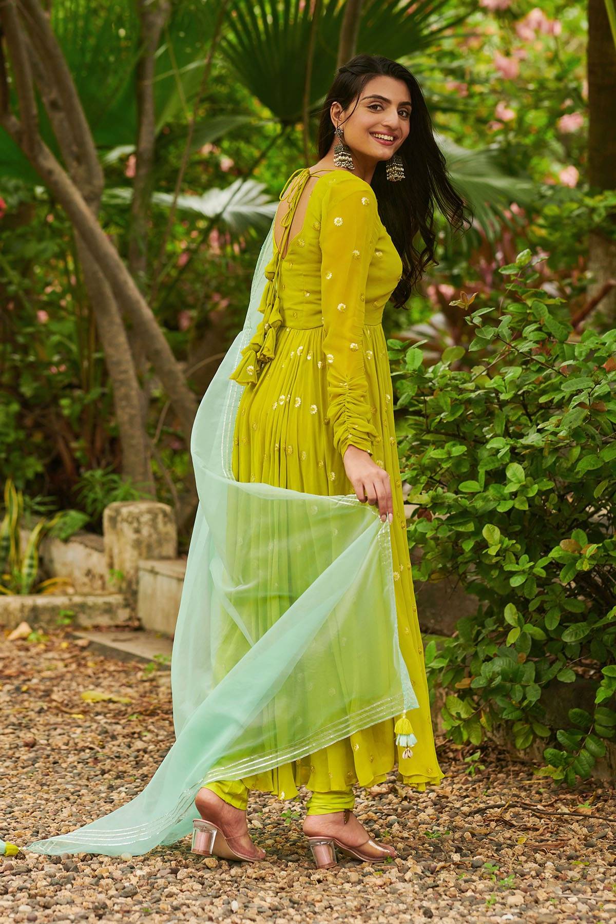 a woman in green Anarkali Dress