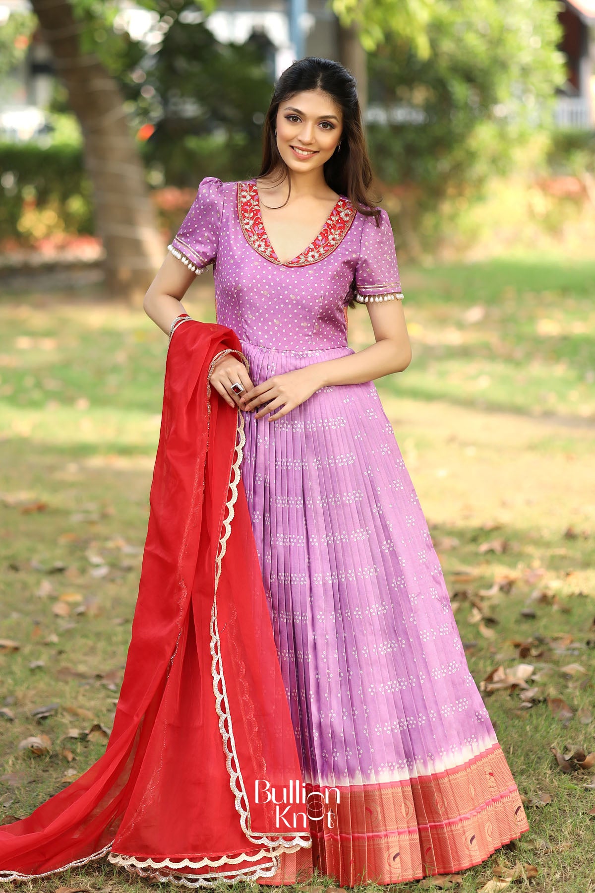 Meraki Bandhani Silk Pattu (Dress) in Pastel Violet