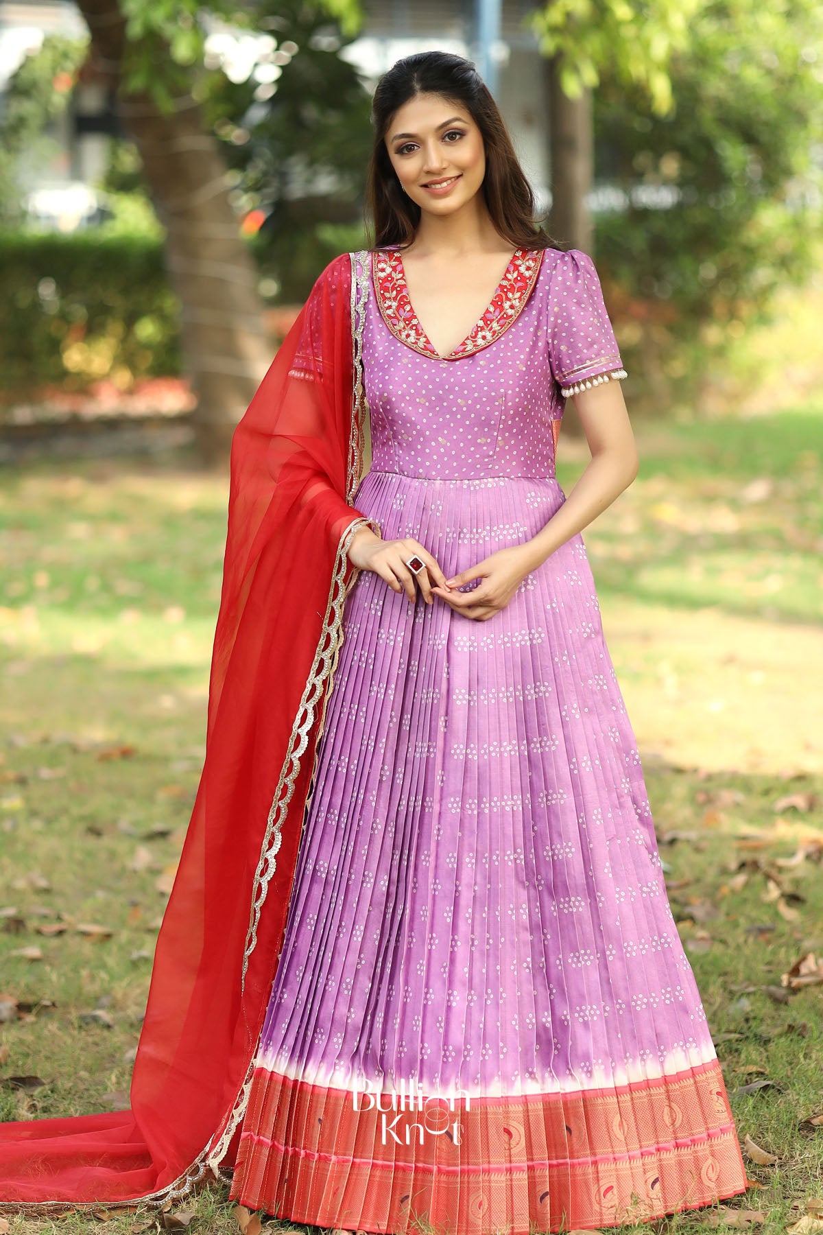 Meraki Bandhani Silk Pattu (Dress) in Pastel Violet