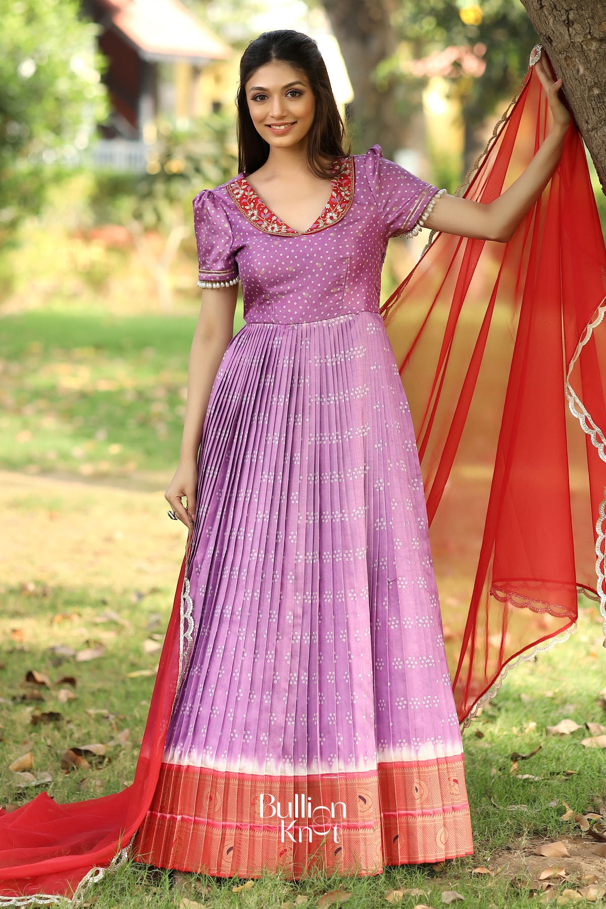 Meraki Bandhani Silk Pattu (Dress) in Pastel Violet