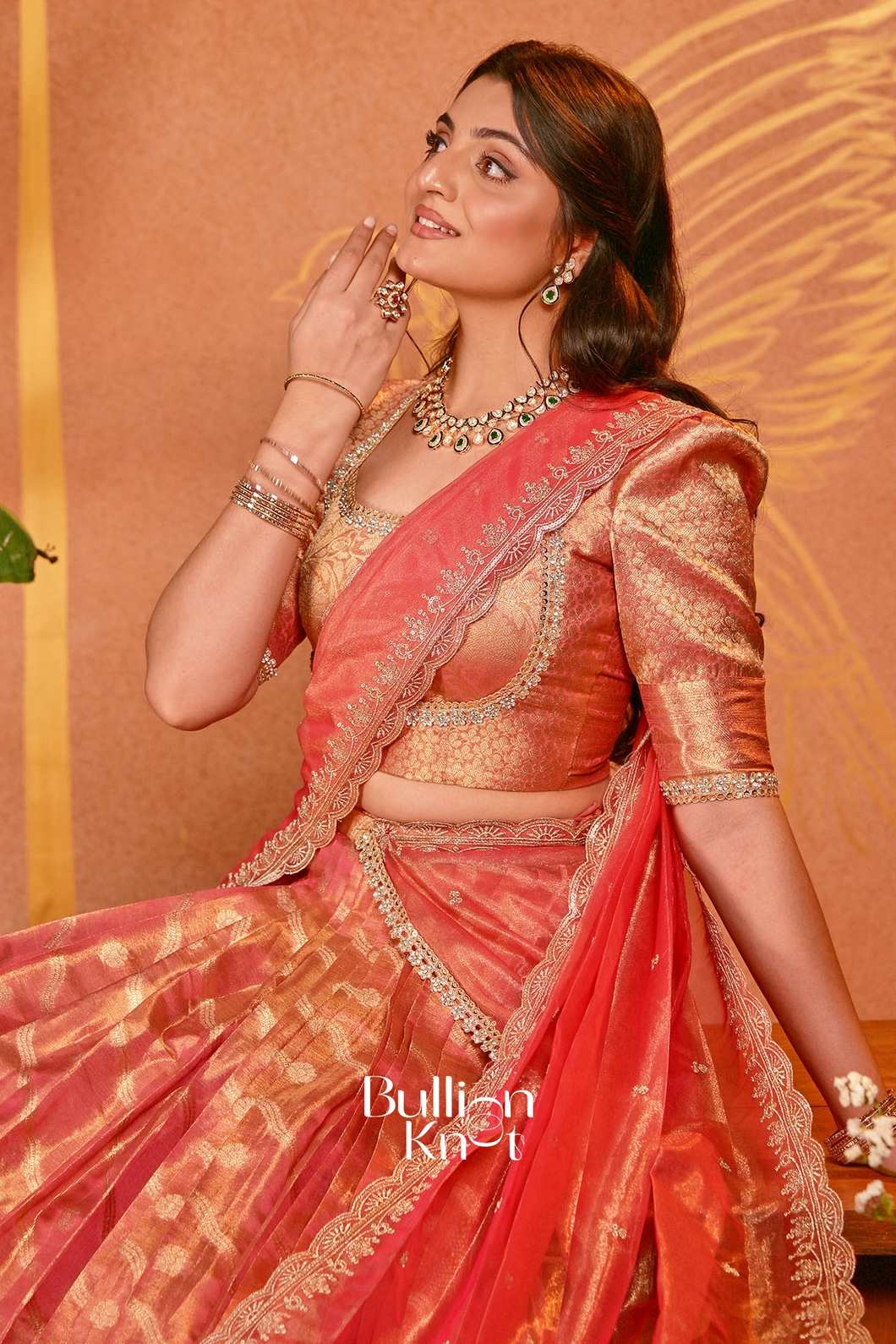 Mohini | Coral Red Tissue Zari Lehenga Set for Festive Style
