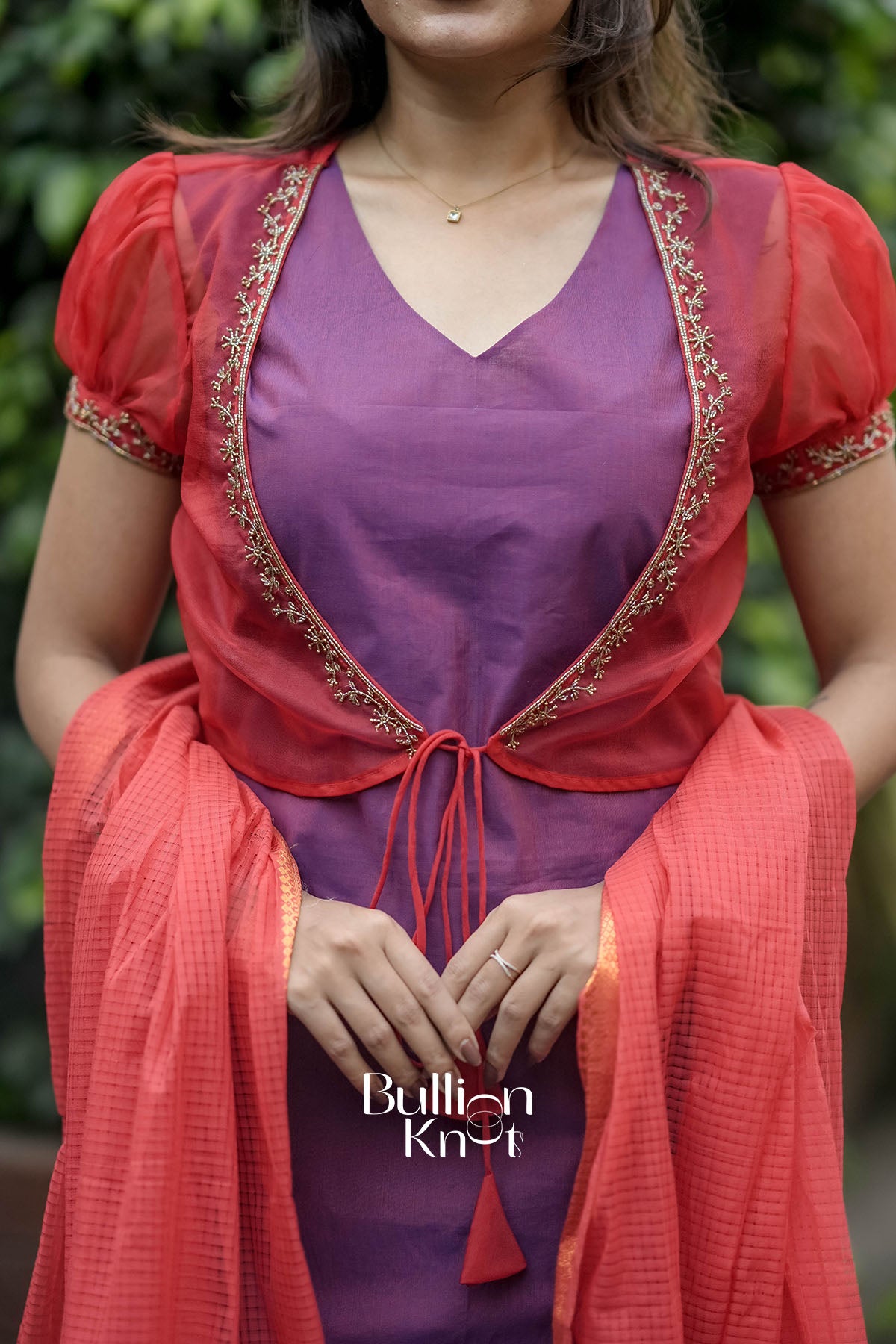 Close-up of Mrinalika organza jacket embroidery and texture