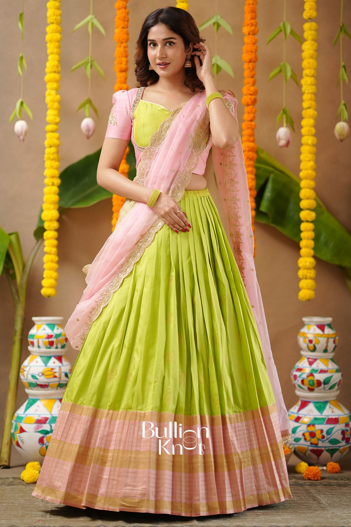 Complete Navya Lime Green Lehenga Set styled with accessories