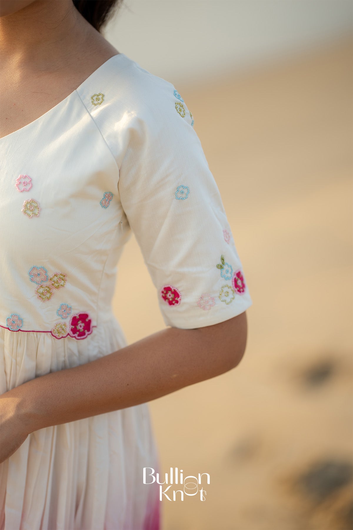 Niaa White Midi Dress neckline and sleeve close-up