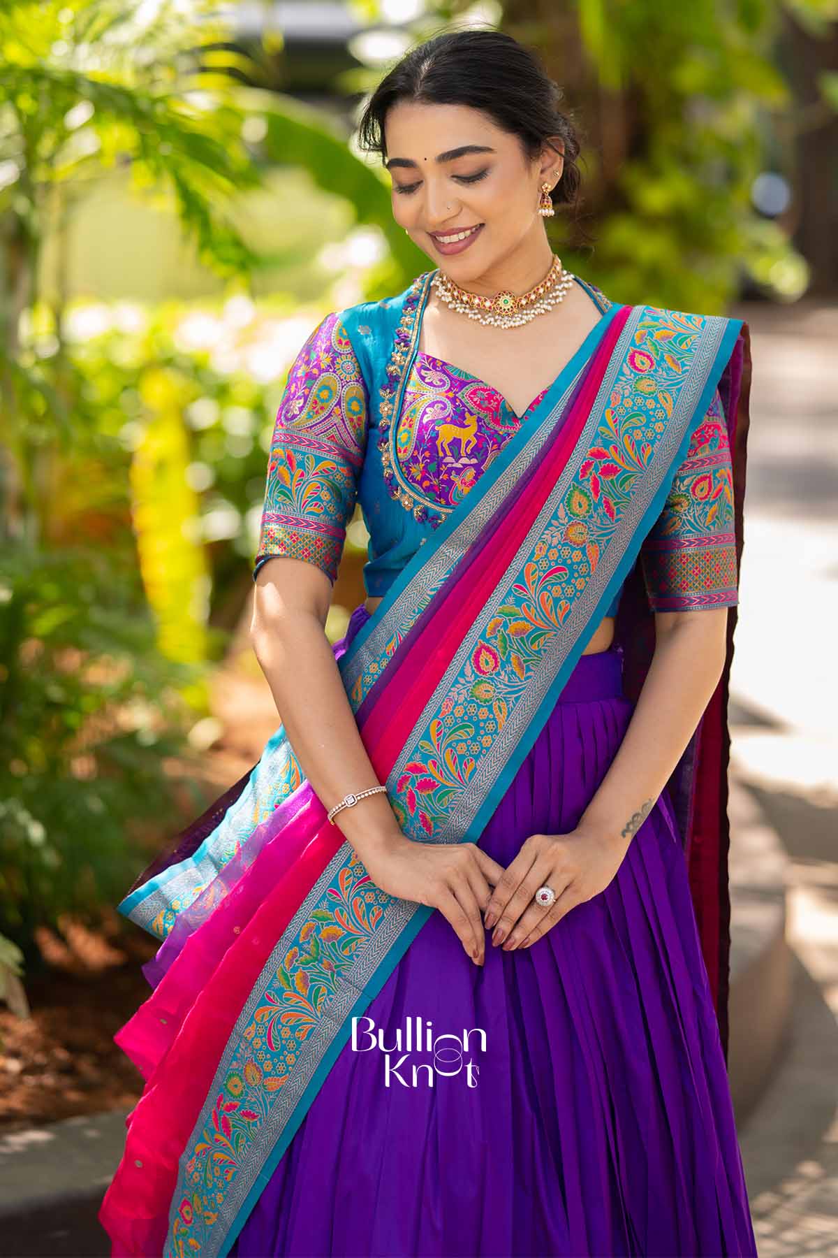 Nilkanth Mrig |Purple Silk Pashmina Lehenga