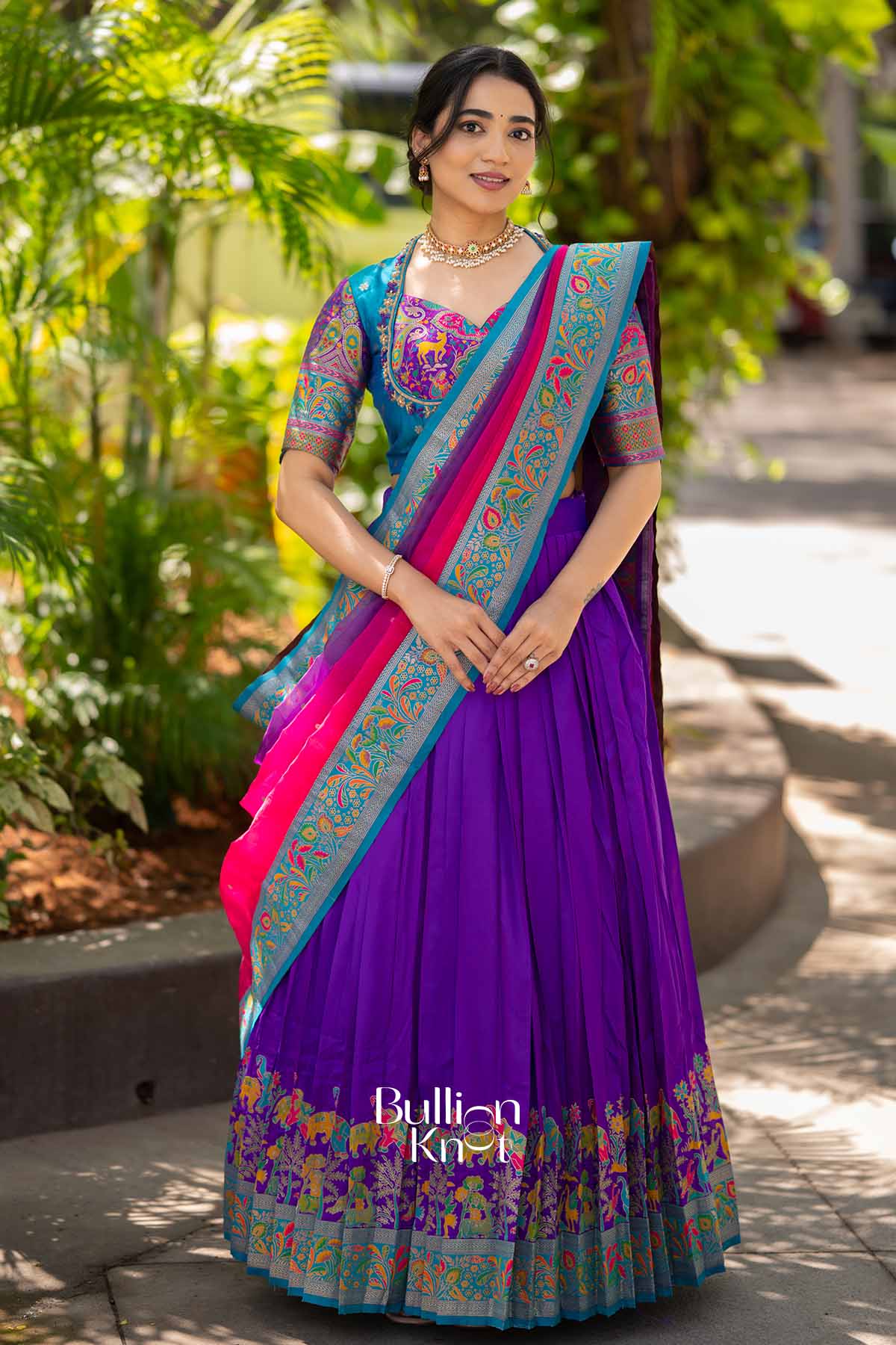 Nilkanth Mrig |Purple Silk Pashmina Lehenga