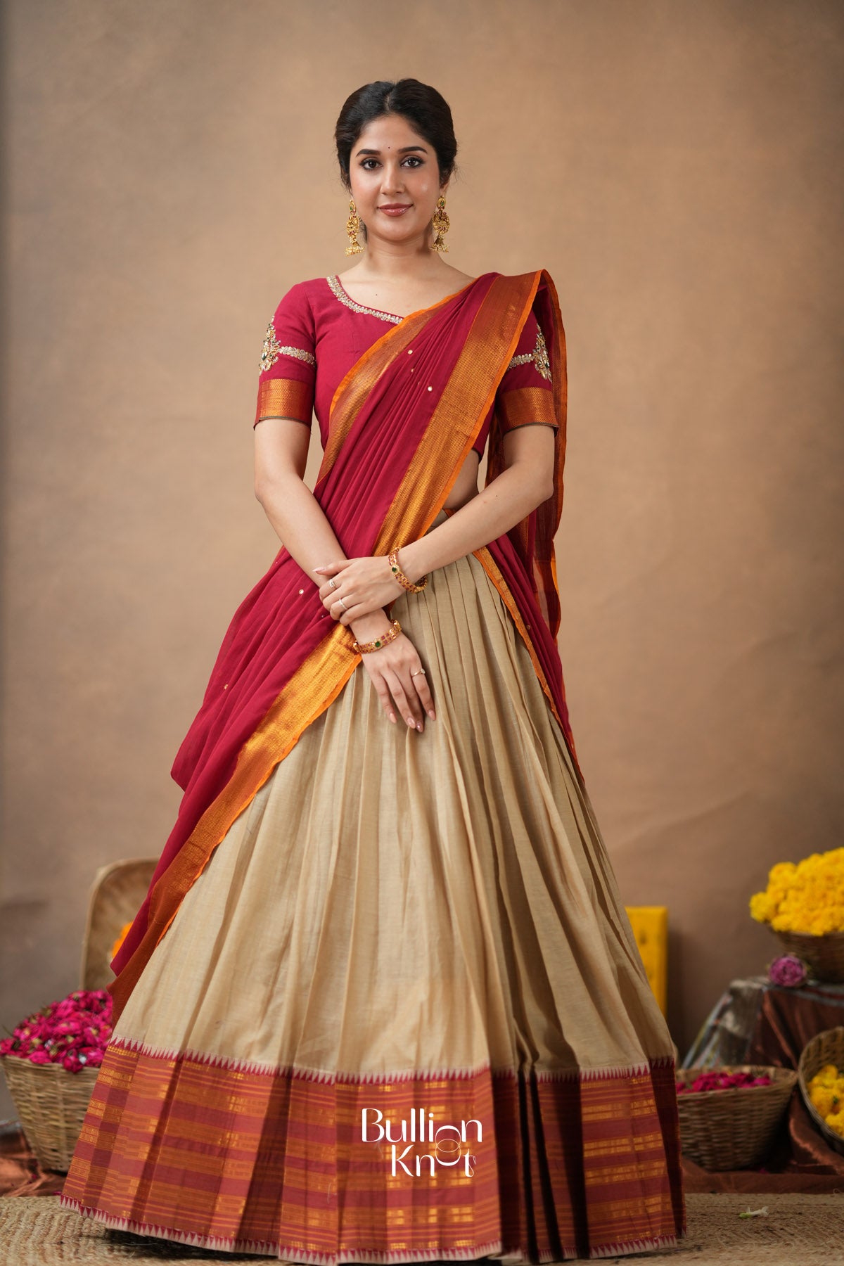 Red 2-in-1 half saree with intricate Maggam handwork design