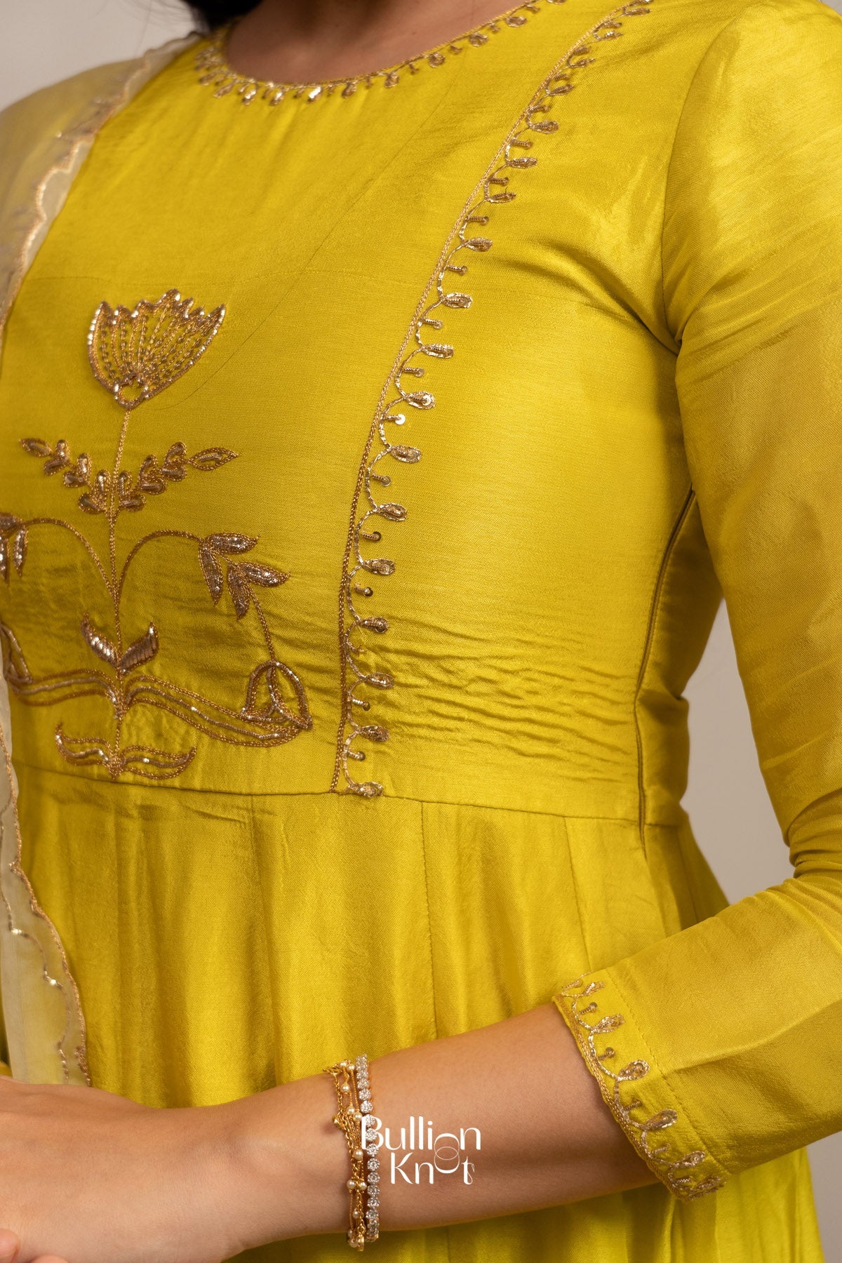 Gul Aangan Russian Silk Yellow Anarkali Set