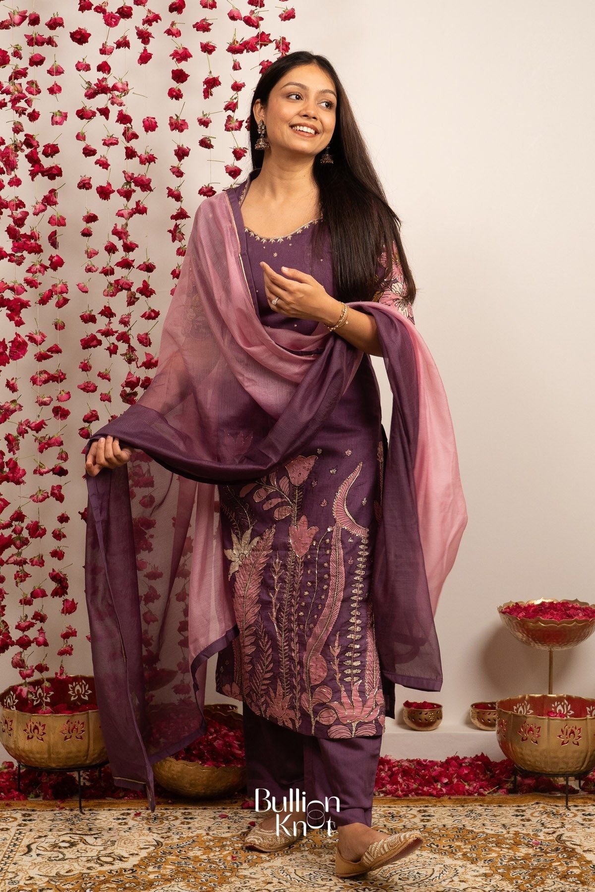 Purple embroidered Kalamkari dress with pink dupatta for traditional wear