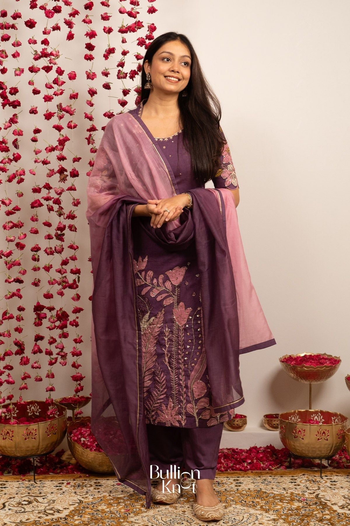 Purple Kalamkari dress with pink dupatta and floral embroidery for traditional wear