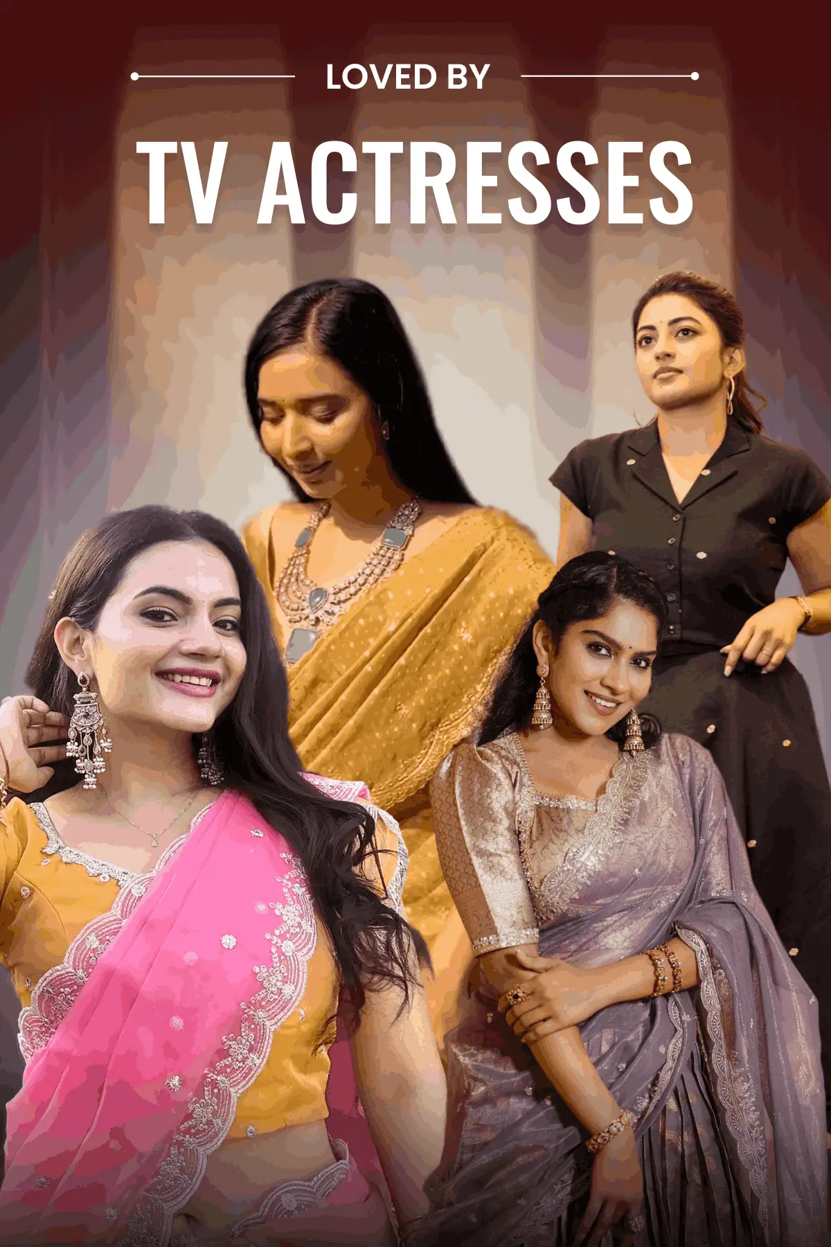 TV actresses wearing maroon embroidered jacket with traditional jewelry