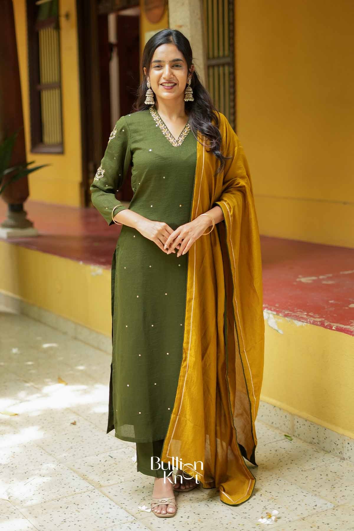 Ojasvi | Olive Kurta Set with Mustard Dupatta for Puja