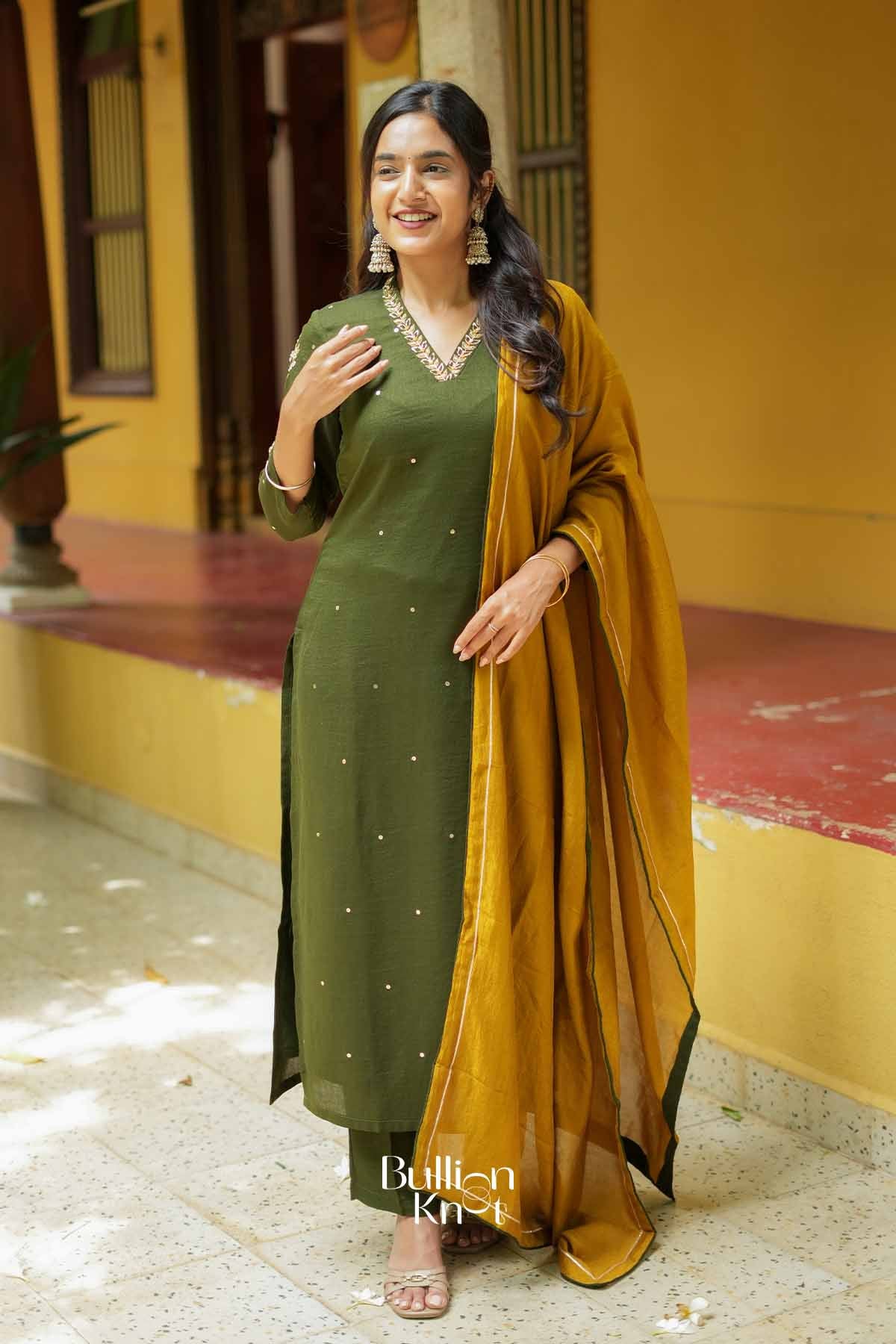 Ojasvi | Olive Kurta Set with Mustard Dupatta for Puja
