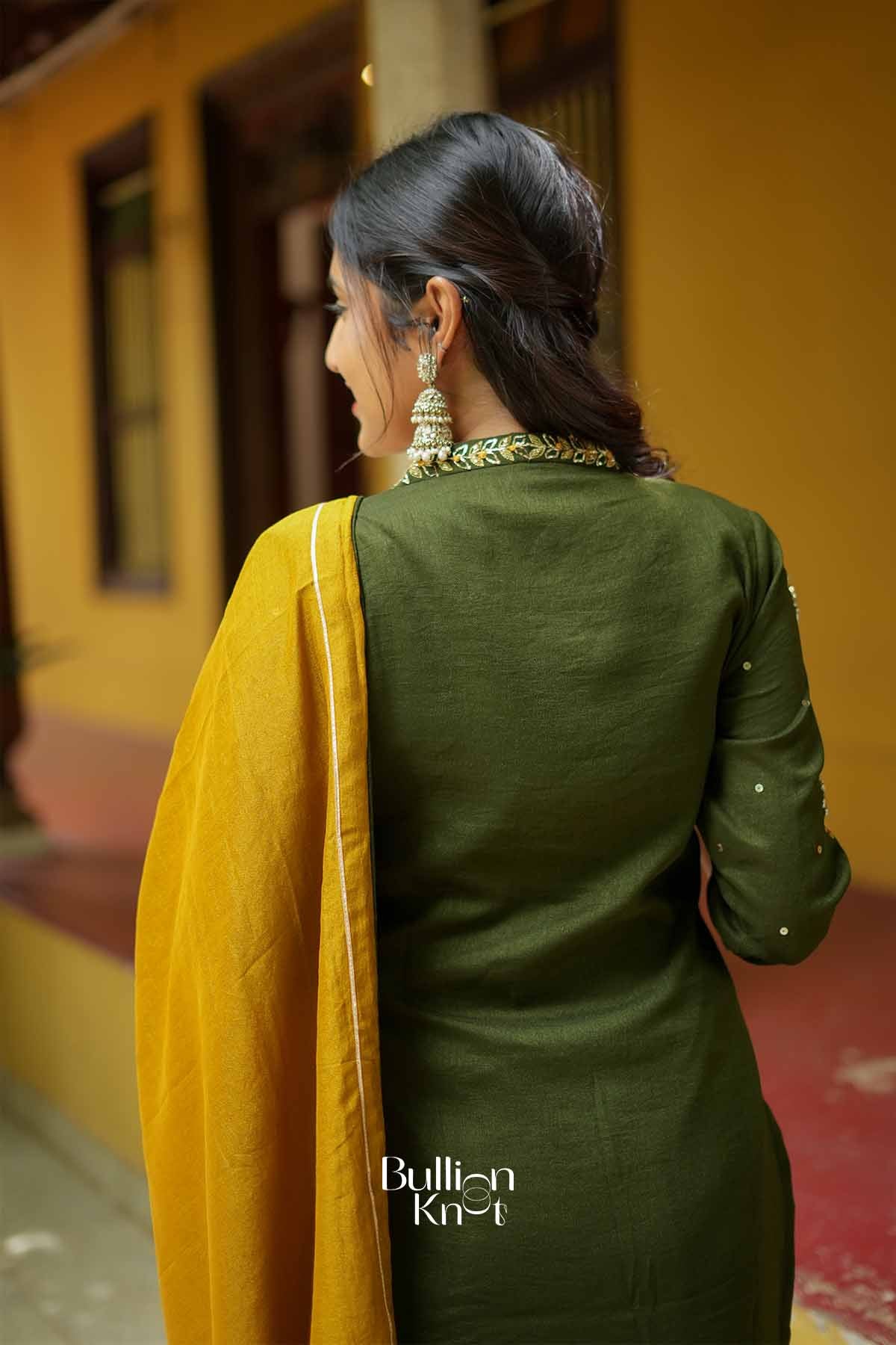 Ojasvi | Olive Kurta Set with Mustard Dupatta for Puja