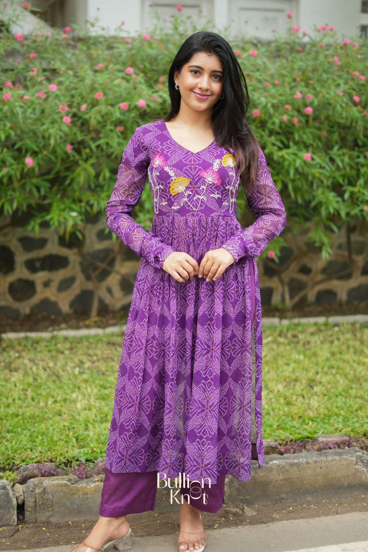 Panna Bandhej Kurta Set in Purple
