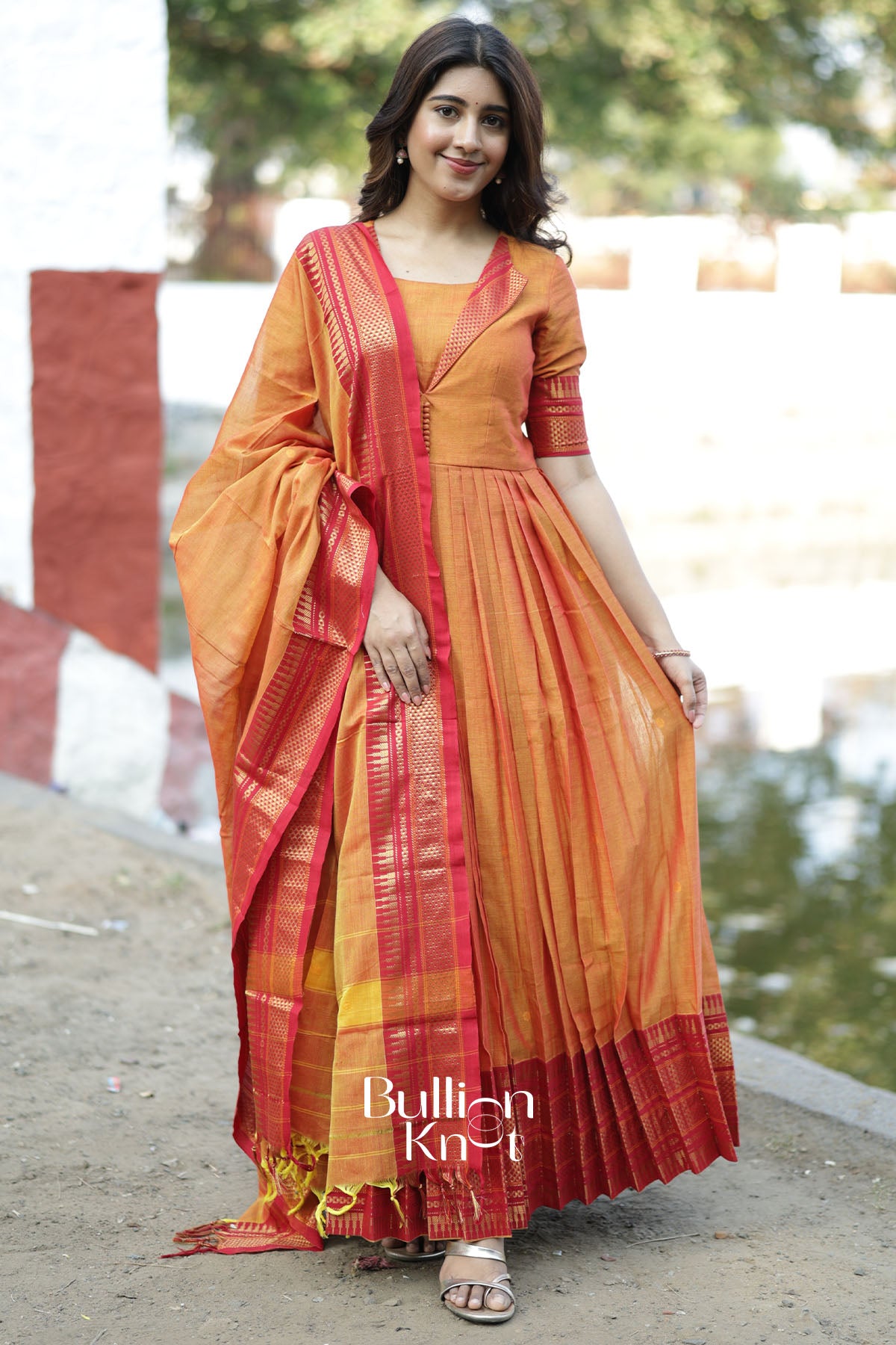 Pravika Handloom Orange Anarkali Suit Set