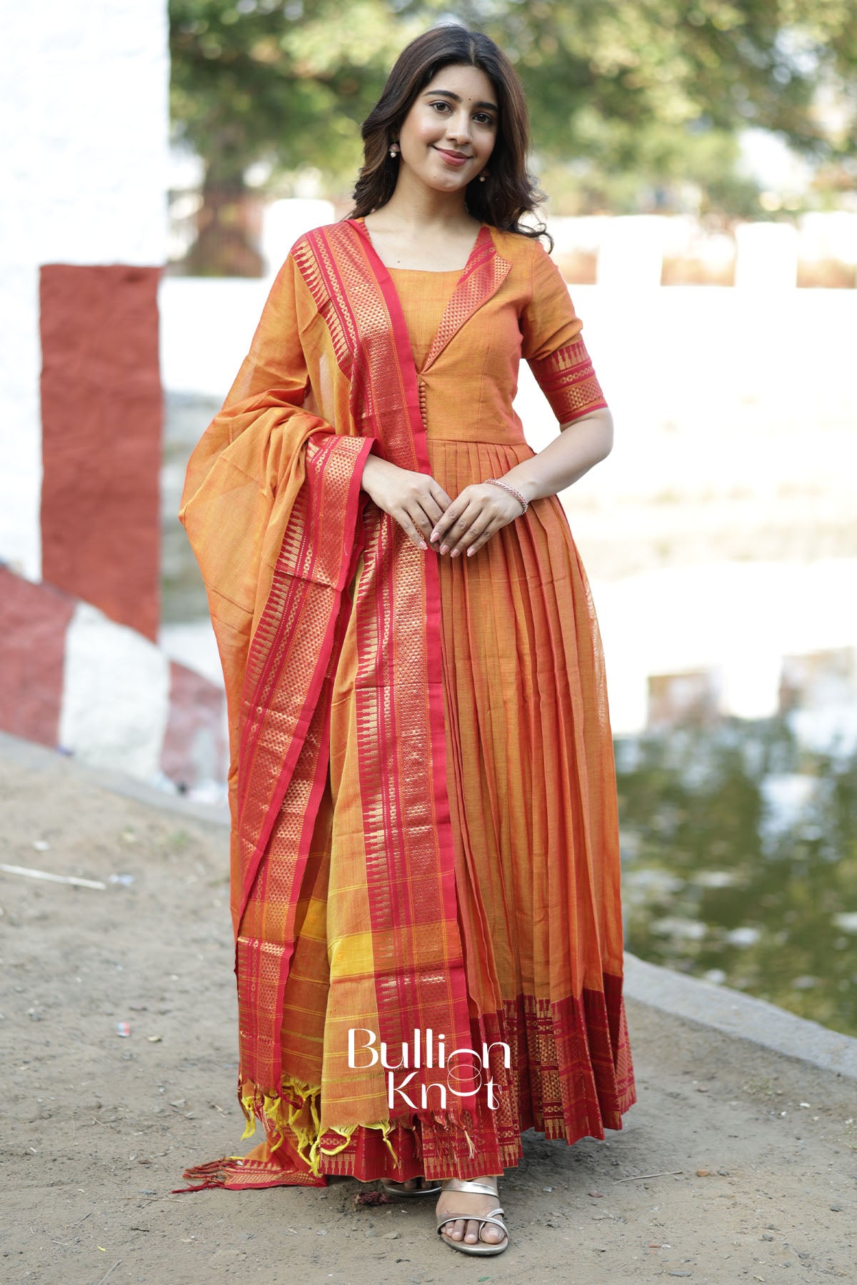 Pravika Handloom Orange Anarkali Suit Set