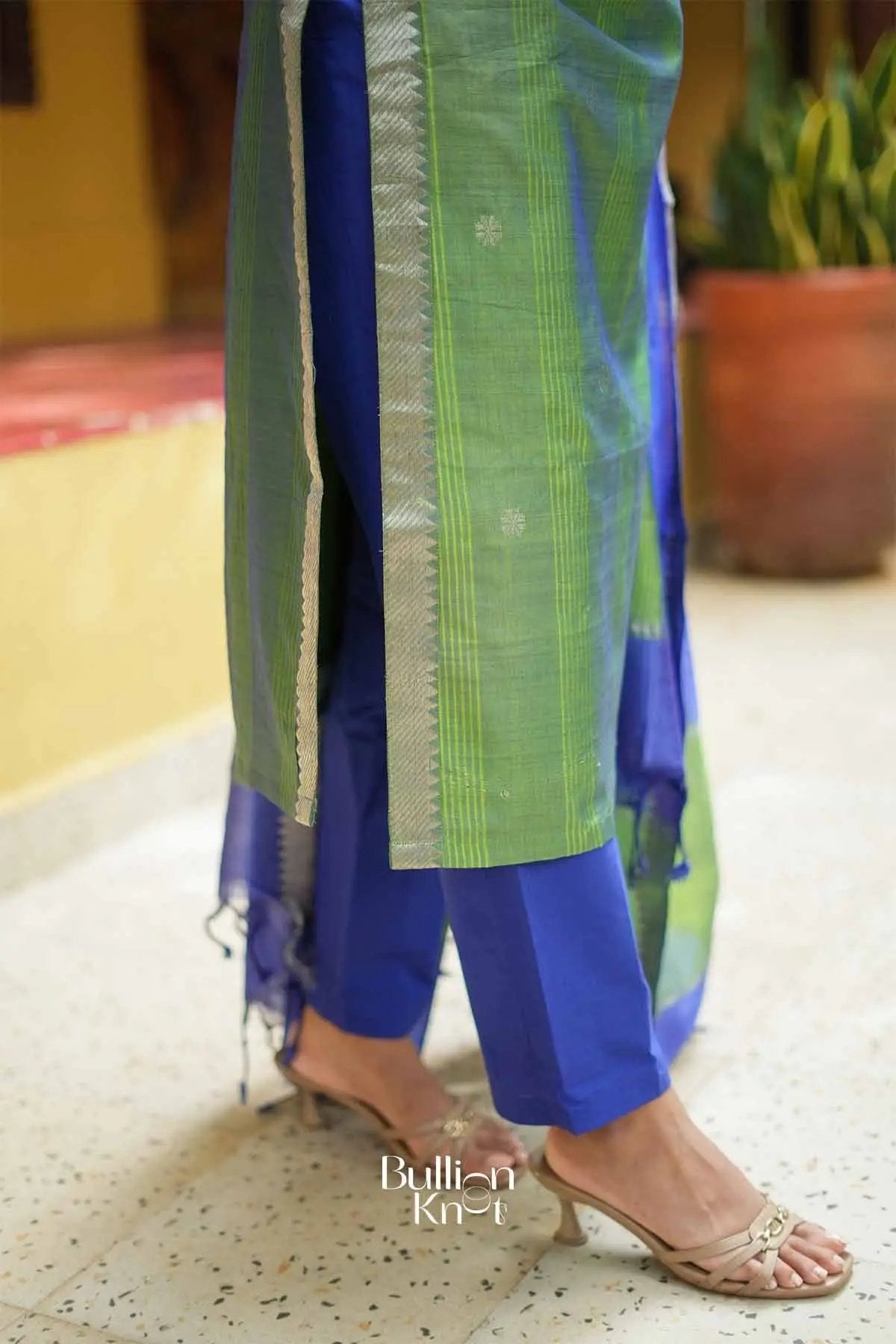 Prerna | Pure Mangalagiri Zari Border Bottle Green Anarkali Suit Set for Pujas