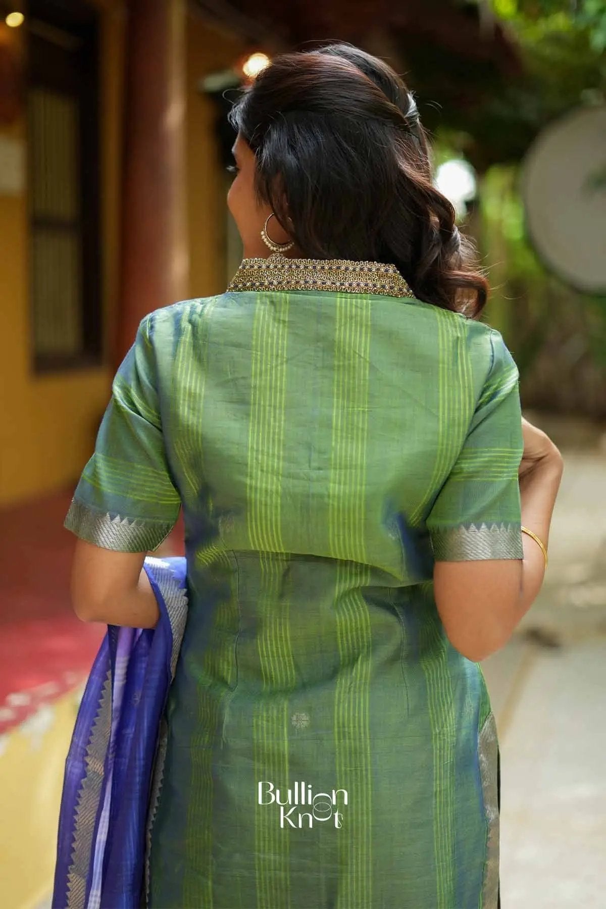 Prerna | Pure Mangalagiri Zari Border Bottle Green Anarkali Suit Set for Pujas