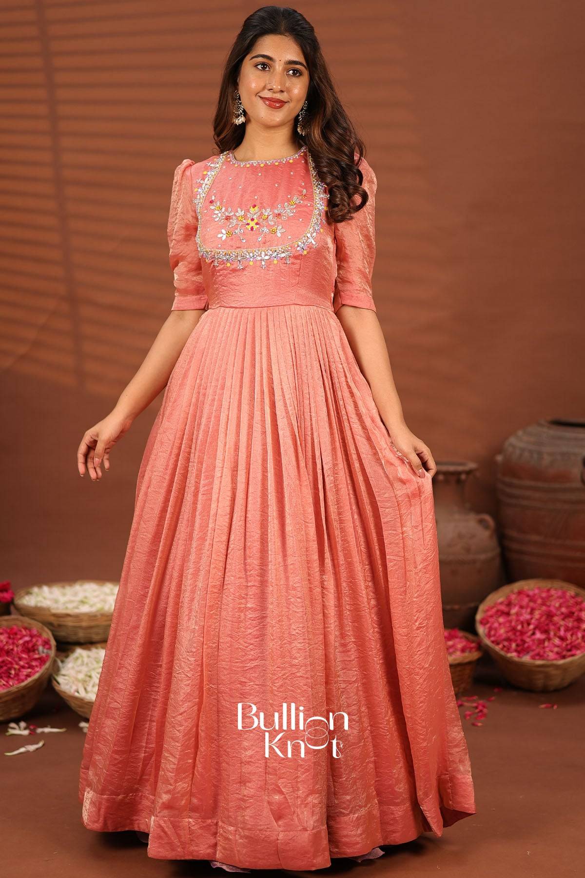 Elegant Priyanshi Pink Indowestern Gown Dress with embroidery and pleats, perfect for festive wear