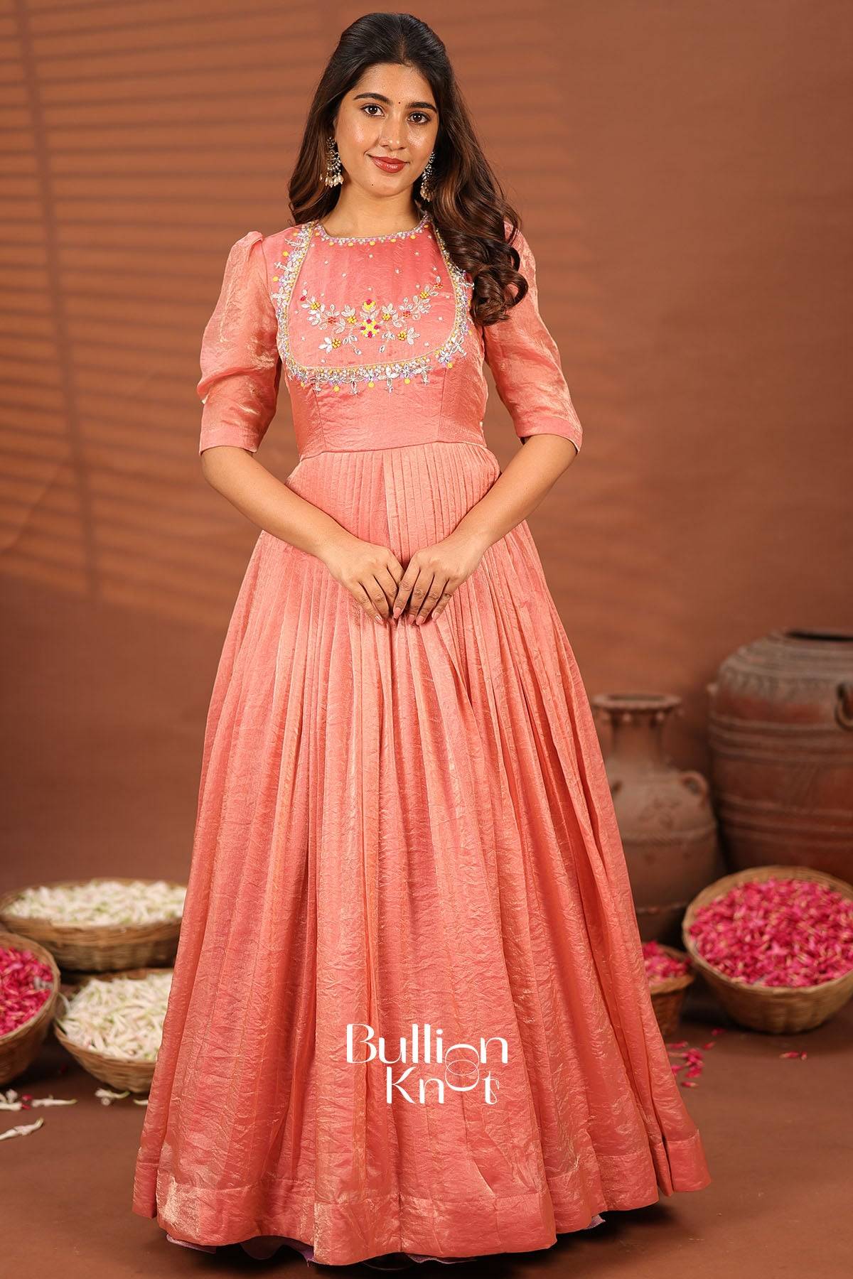 Priyanshi Pink Indowestern Gown Dress with embroidered yoke and pleated skirt for traditional occasions