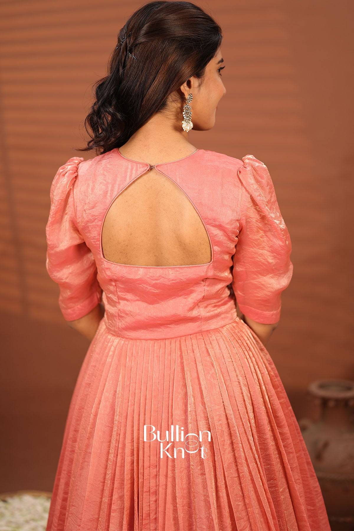 Priyanshi Pink Indowestern Gown Dress back view for traditional wear