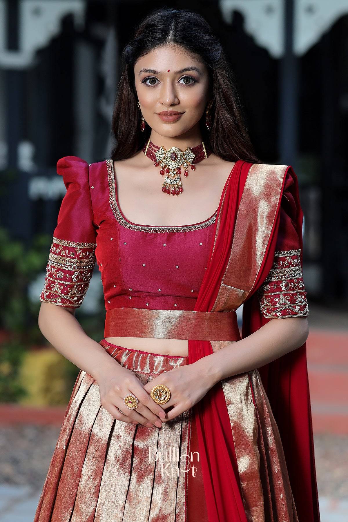 Saffron Banarasi Lehenga Set in Wine