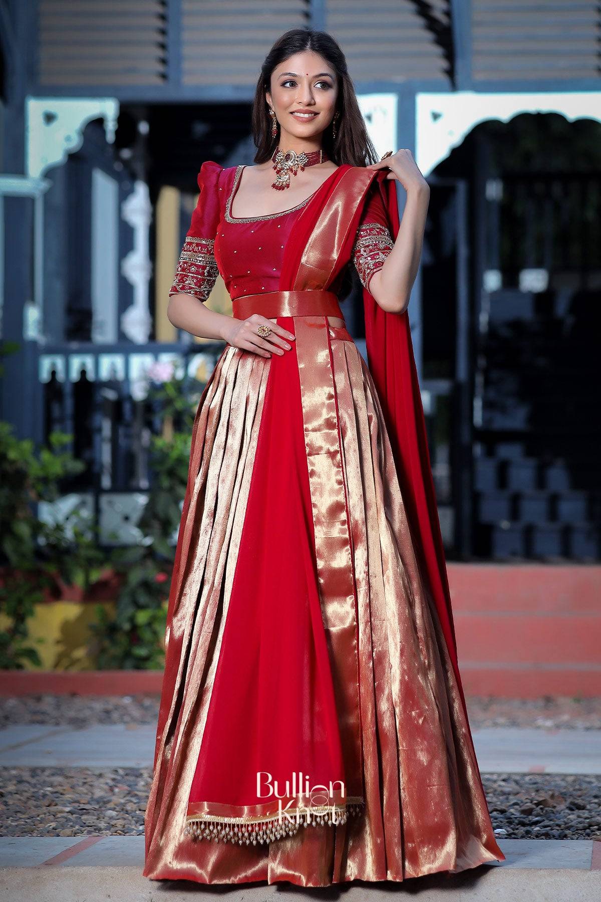 Saffron Banarasi Lehenga Set in Wine