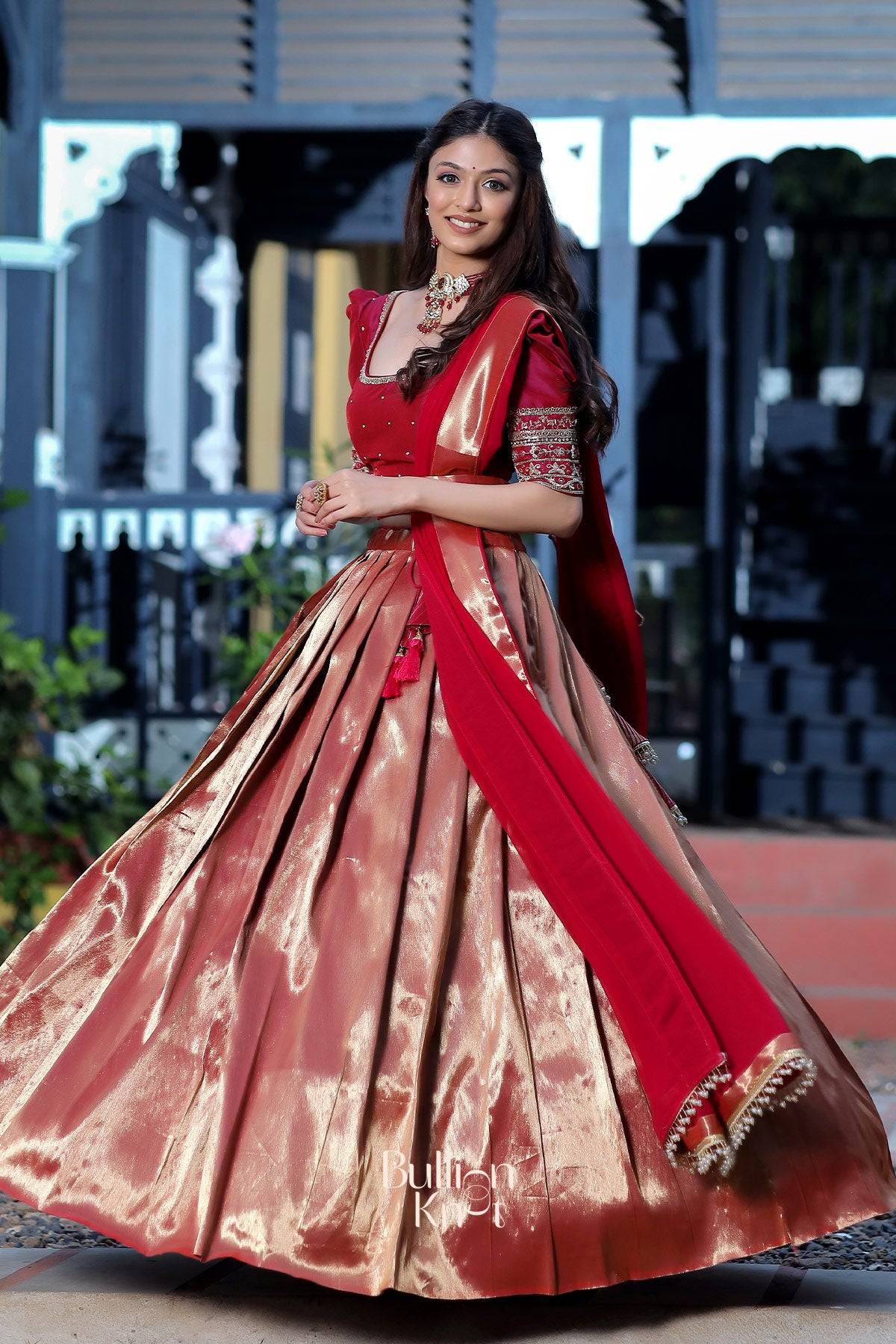 Saffron Banarasi Lehenga Set in Wine