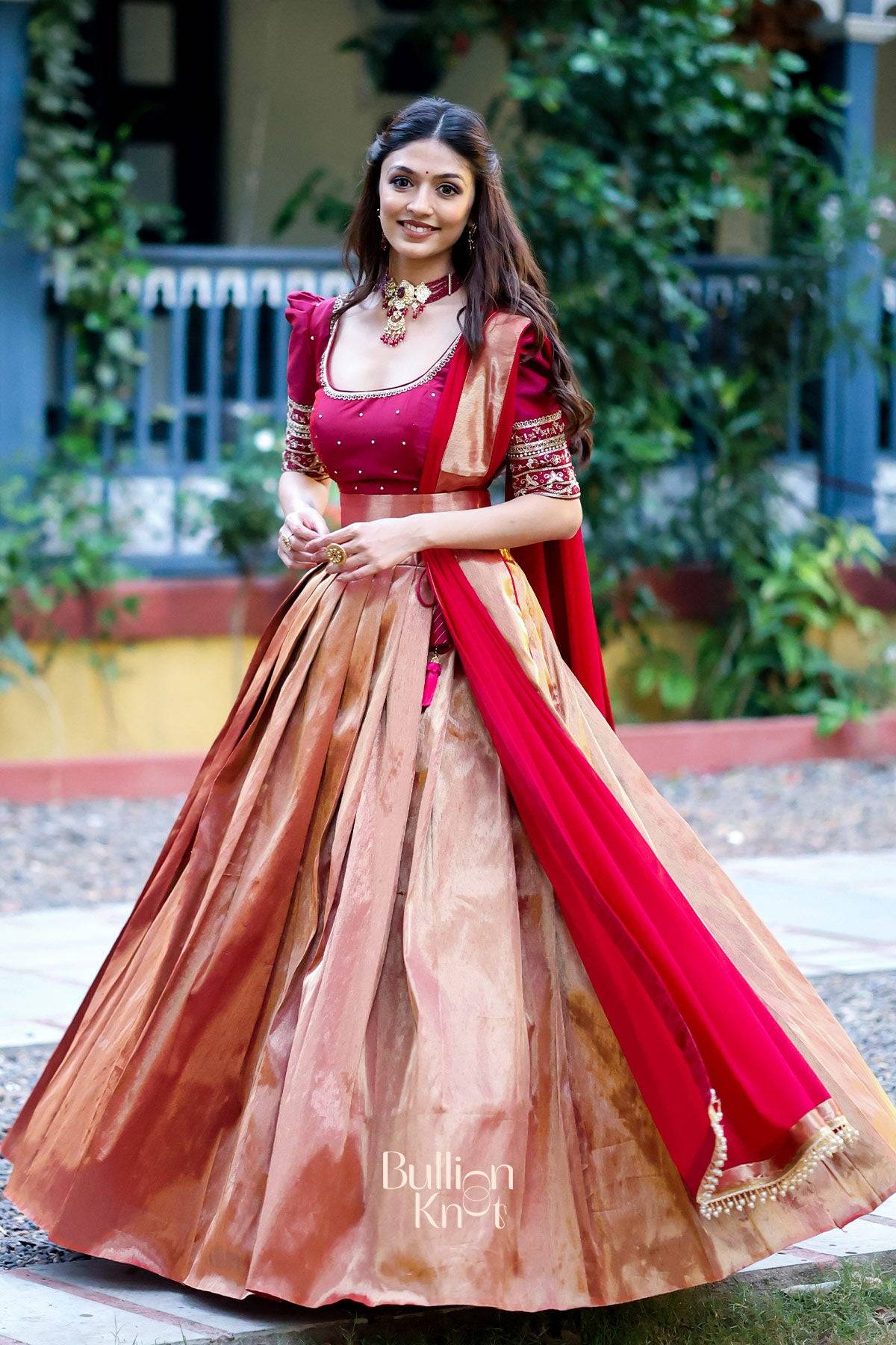 Saffron Banarasi Lehenga Set in Wine