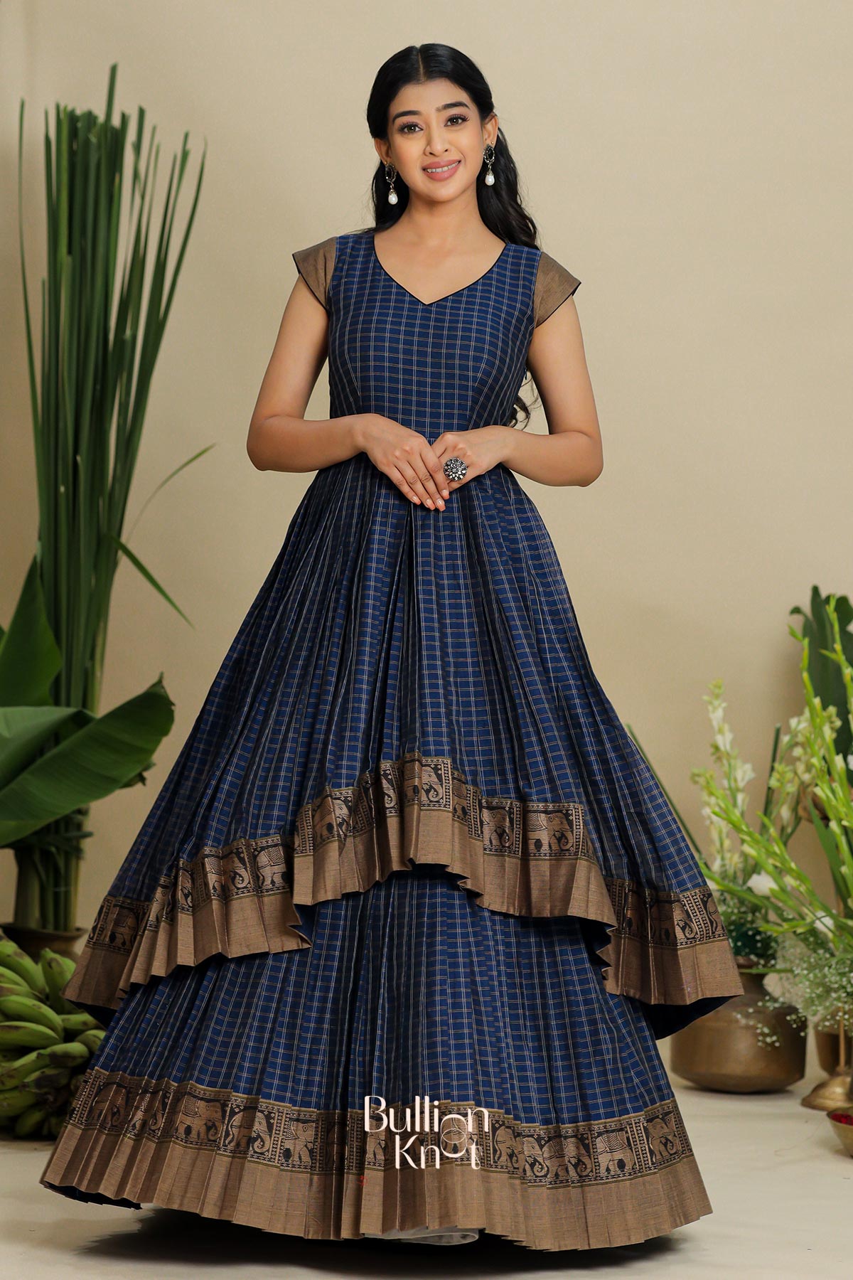 Abhinaya Indo Western handloom dress with golden elephant border