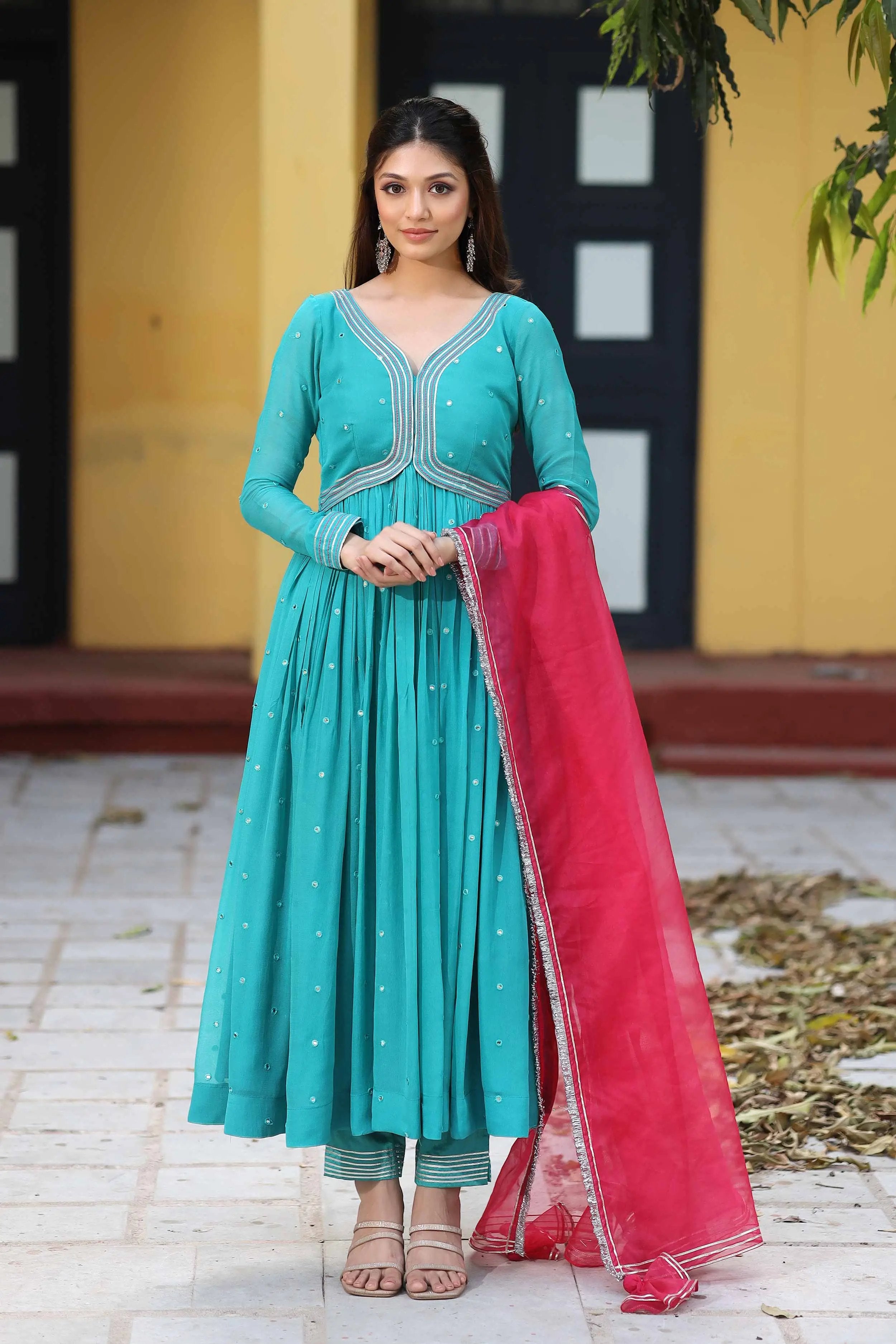 Ratrani Teal Blue Georgette Anarkali Suit Set - Bullionknot