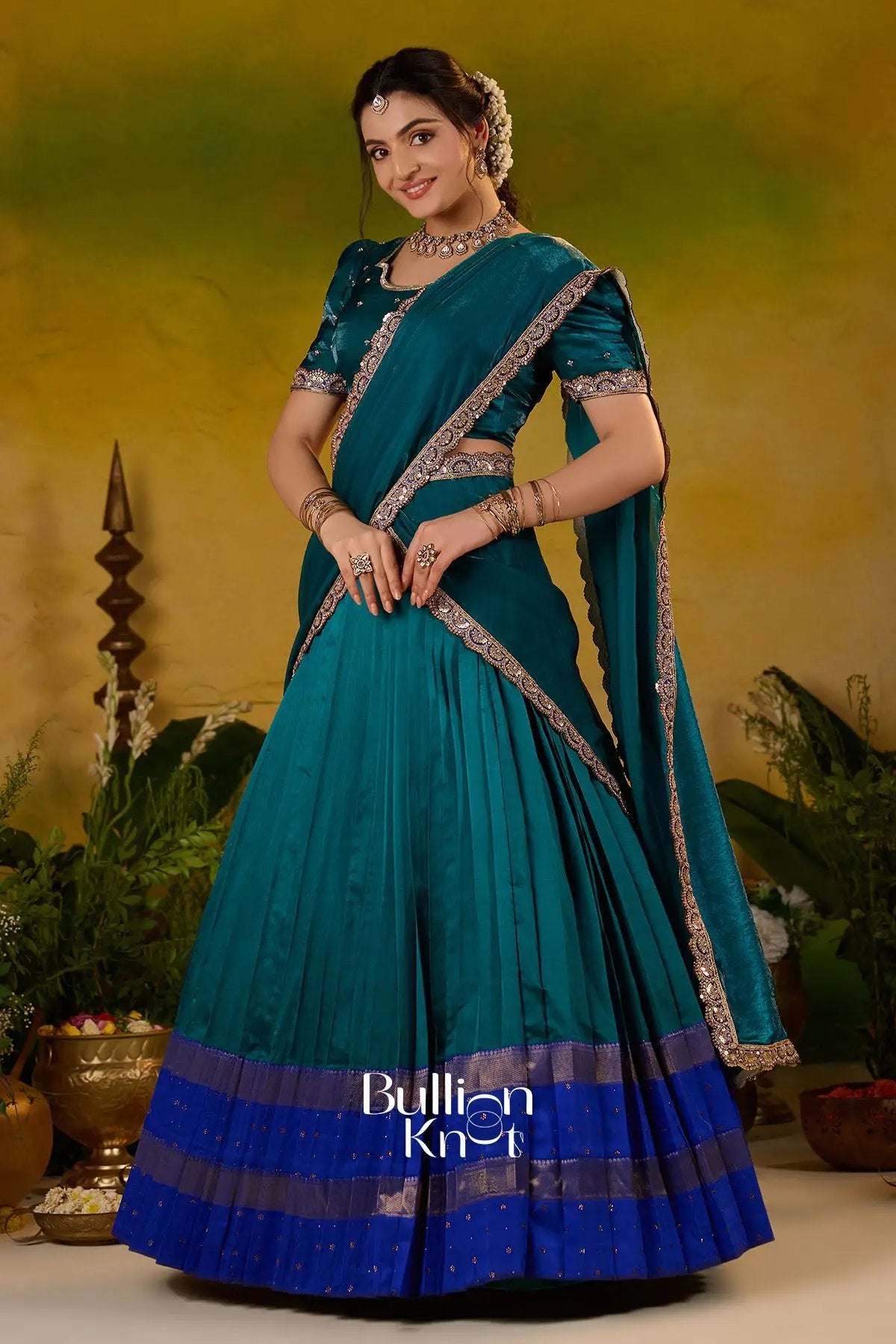 Ramanika Soft Silk Peacock Blue Lehenga Set