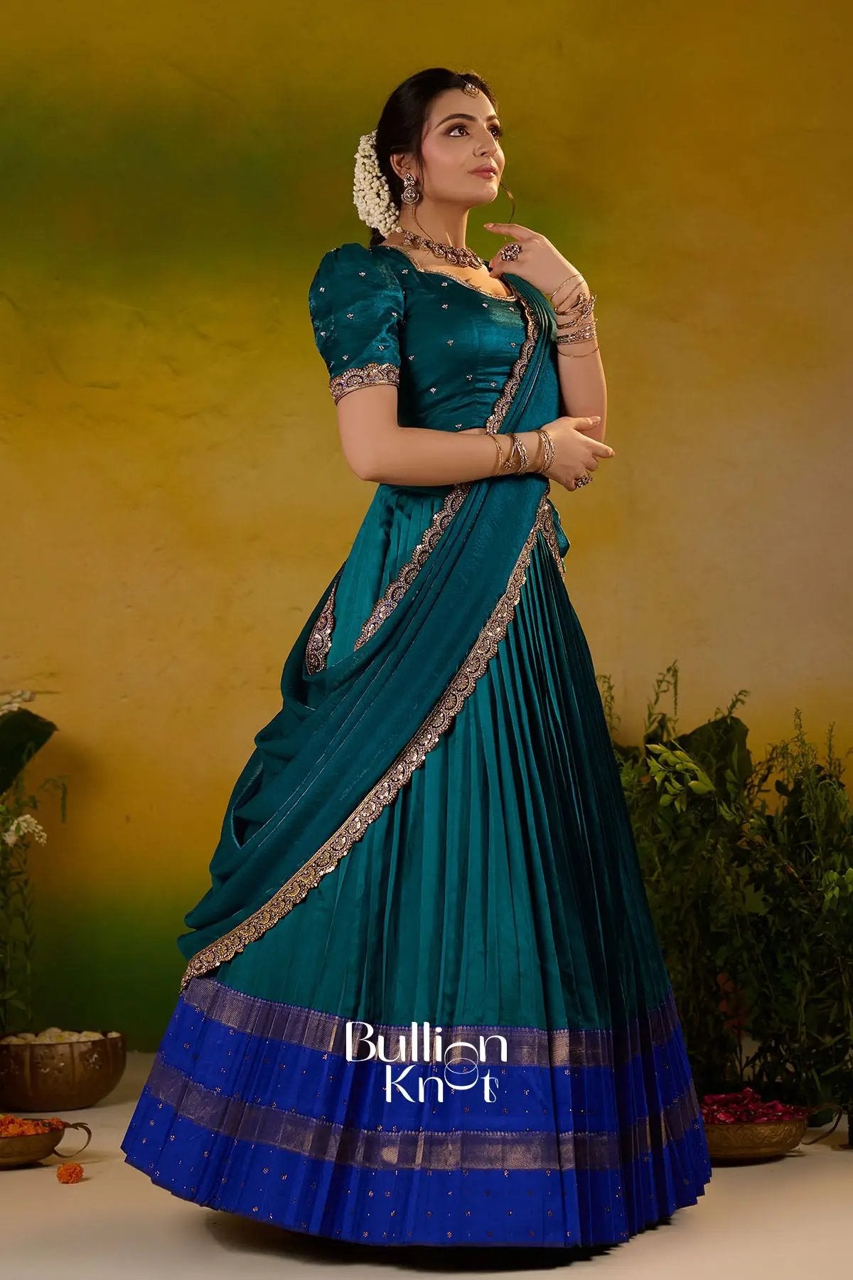 Ramanika Soft Silk Peacock Blue Lehenga Set