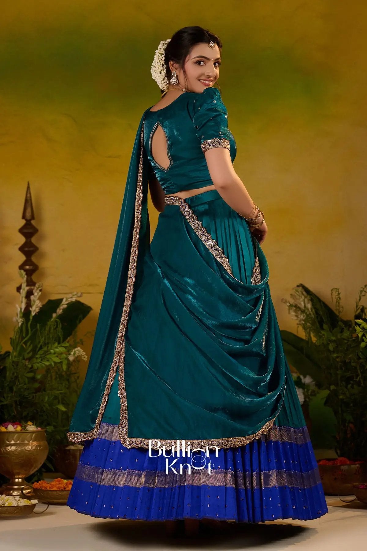 Ramanika Soft Silk Peacock Blue Lehenga Set