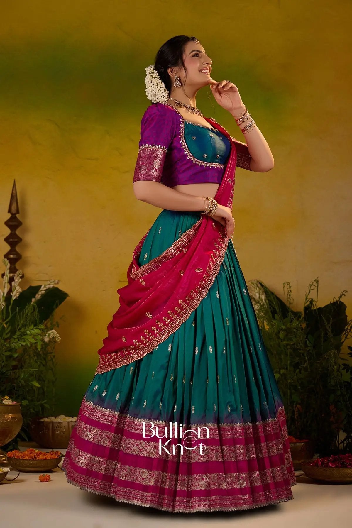 Rama Roshni Gadval Silk Lehenga Set In Peacock blue