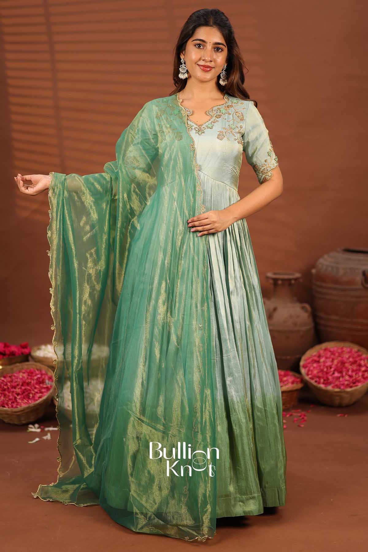 Rashmika | Aqua Tissue Zari Anarkali Suit Set
