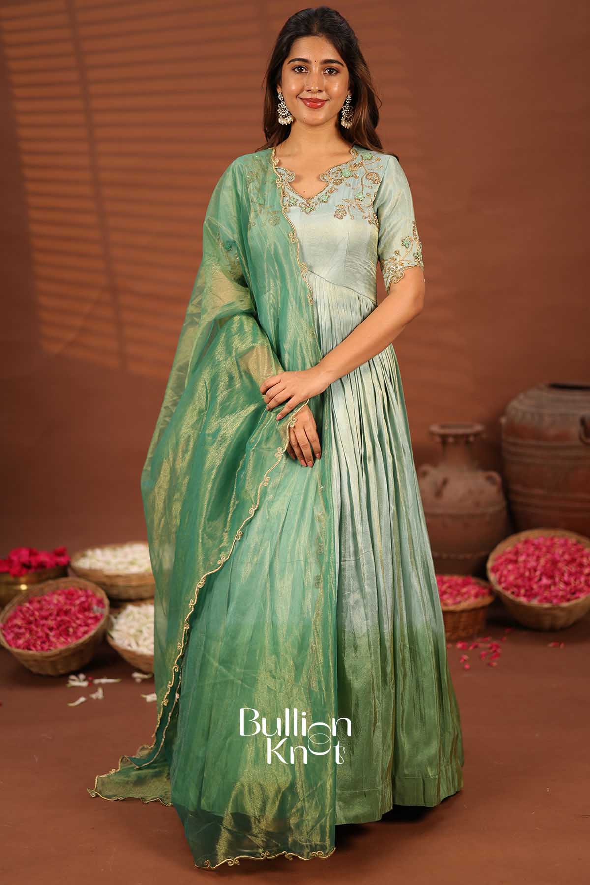 Rashmika | Aqua Tissue Zari Anarkali Suit Set