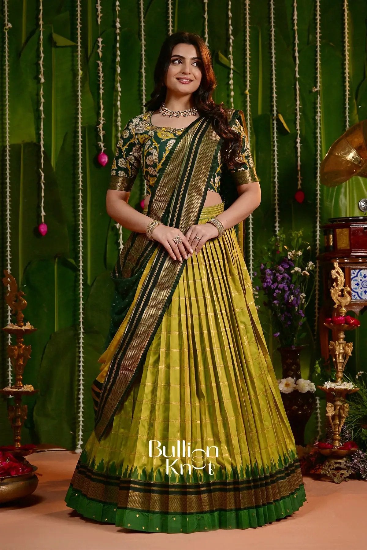 Rasika kalamkari Green Pattu Lehenga Set