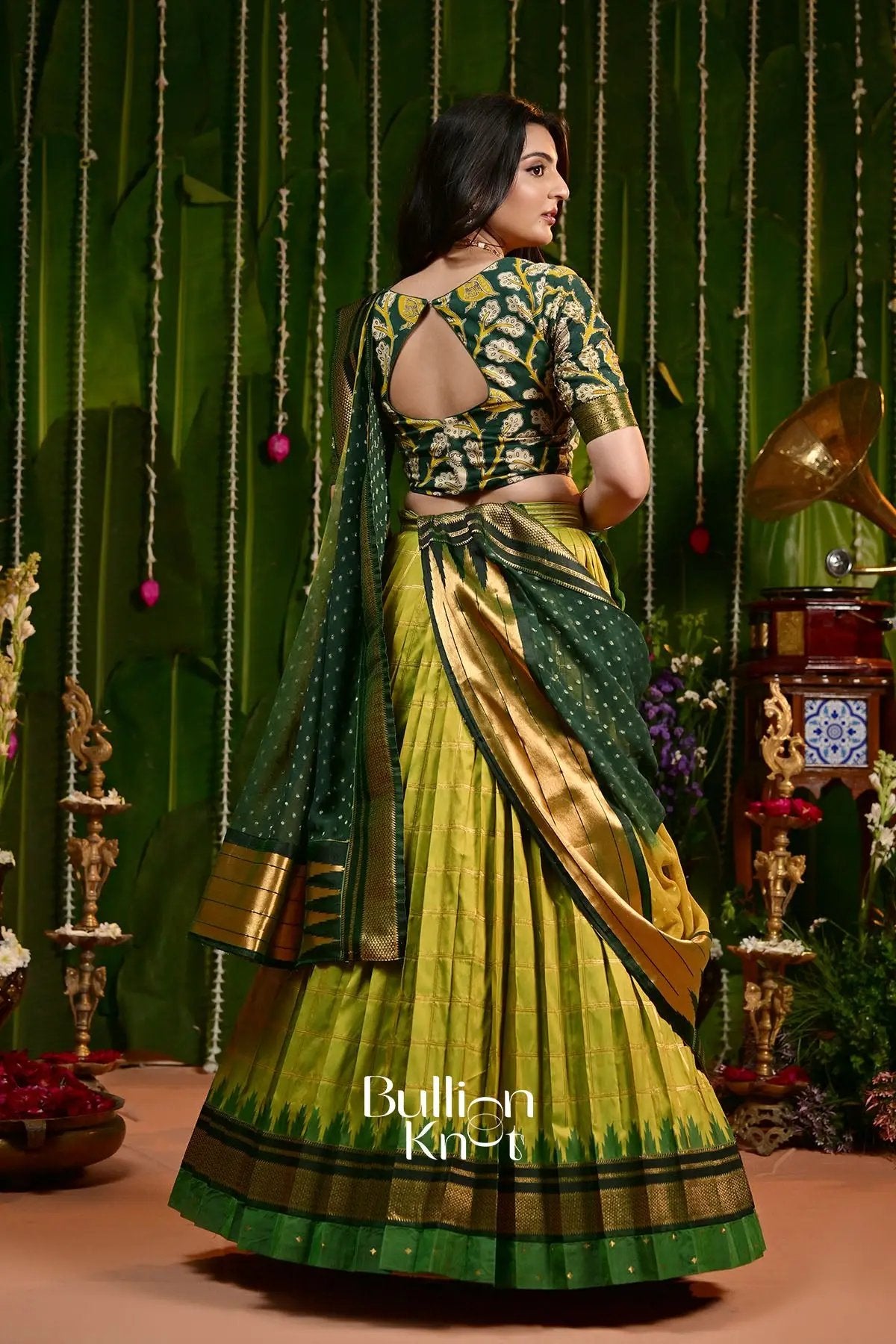 Rasika kalamkari Green Pattu Lehenga Set