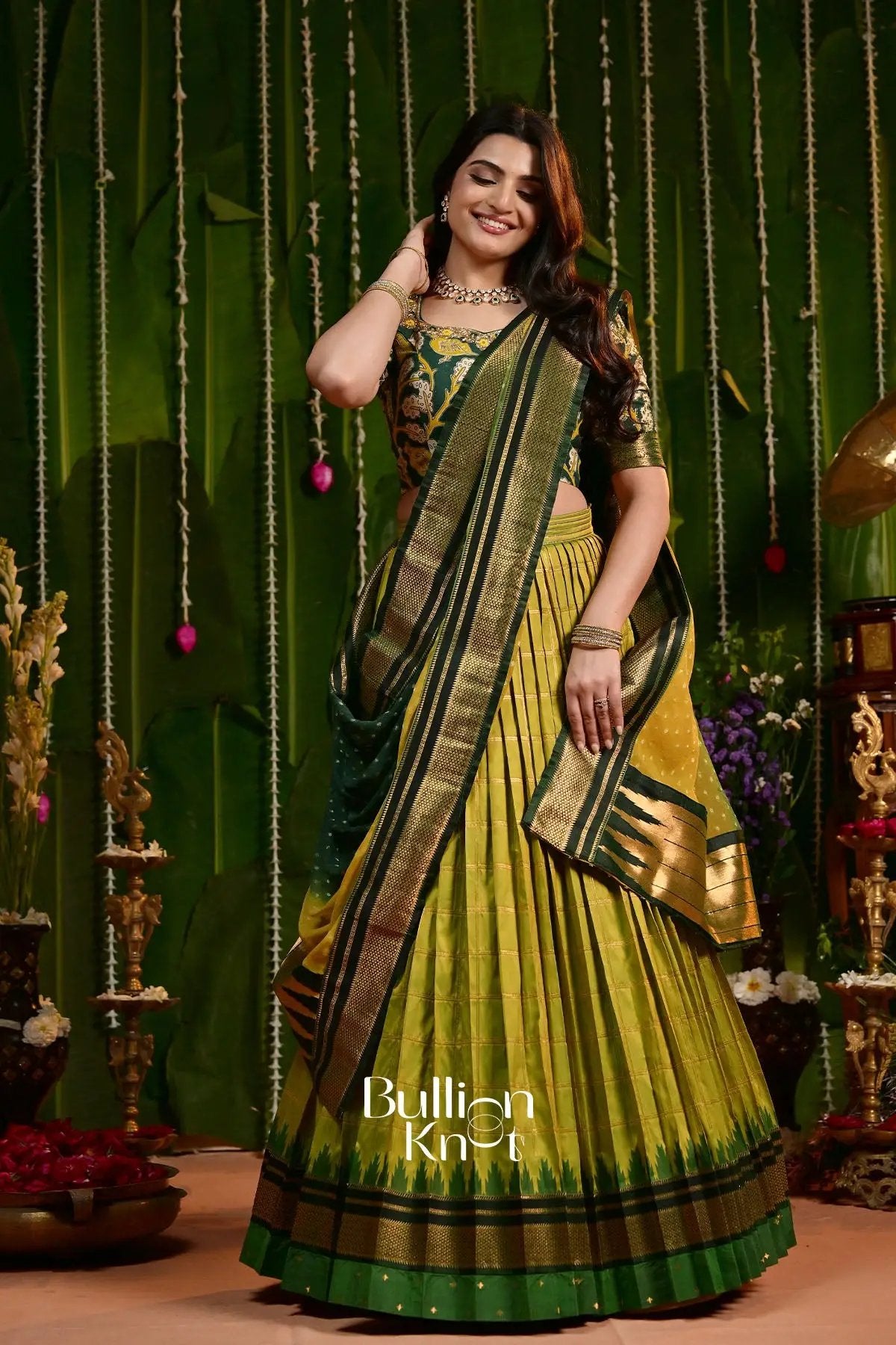 Rasika kalamkari Green Pattu Lehenga Set