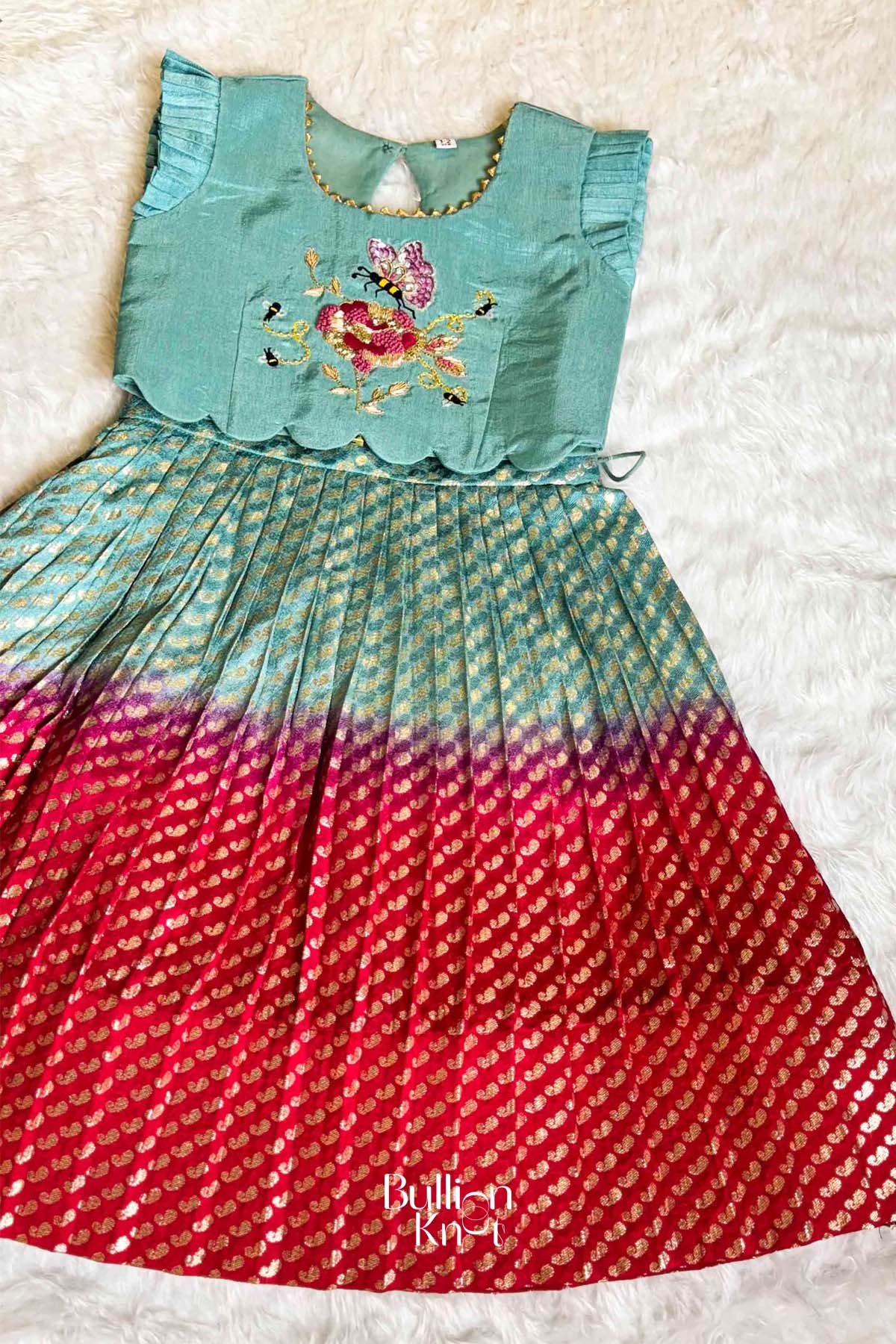Baby Raspberry Lehenga Set In Aqua & Red